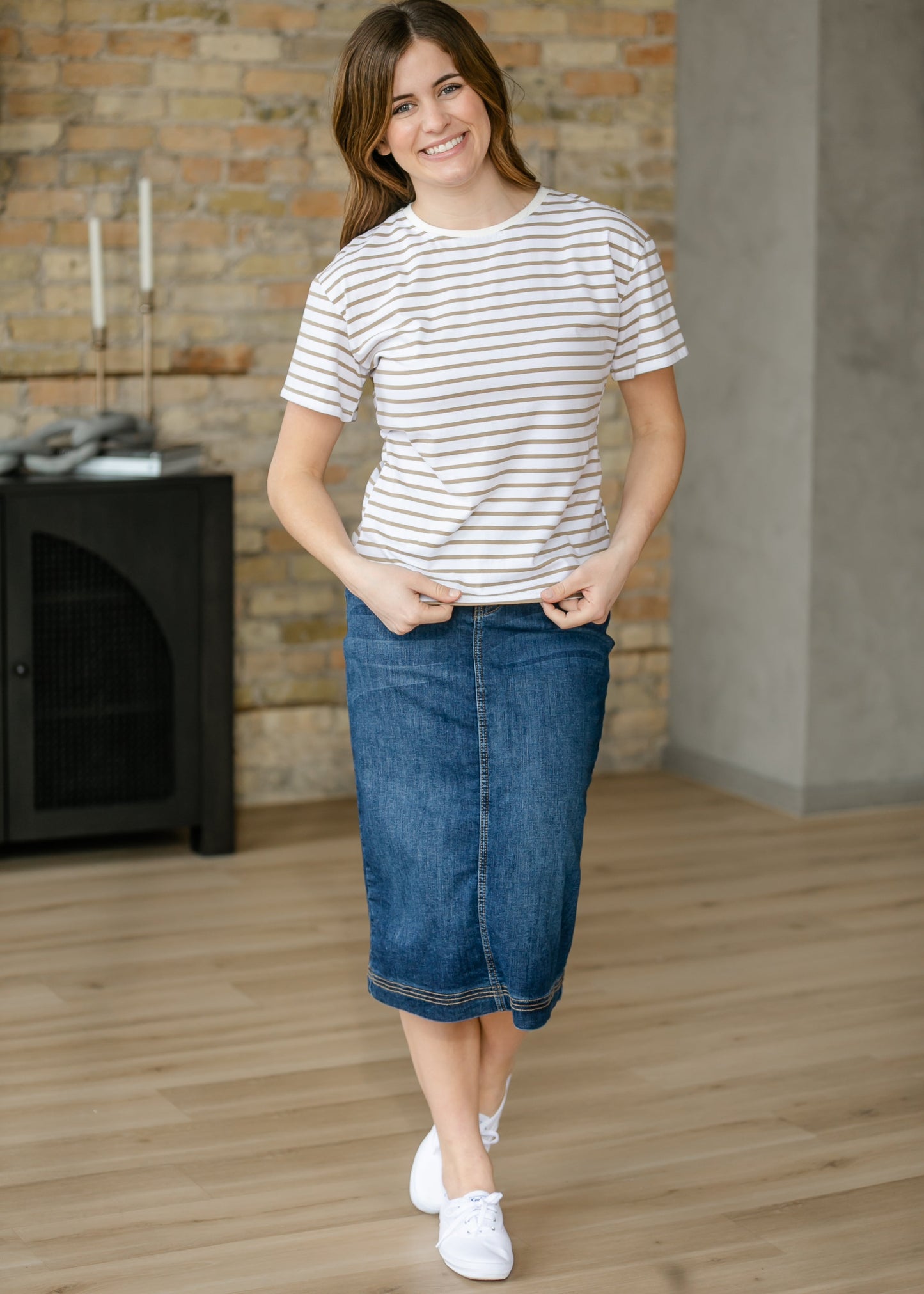 Crew Taupe Striped Relaxed Basic T Shirt