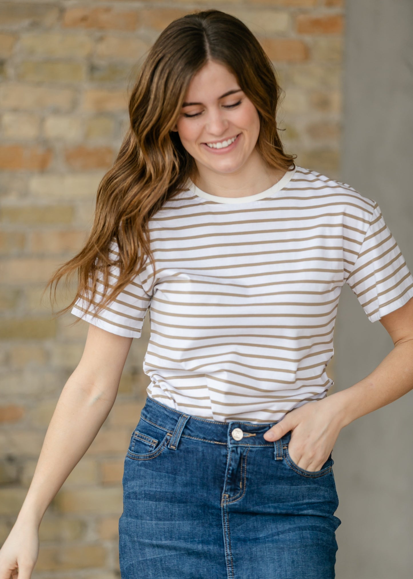 Crew Taupe Striped Relaxed Basic T Shirt