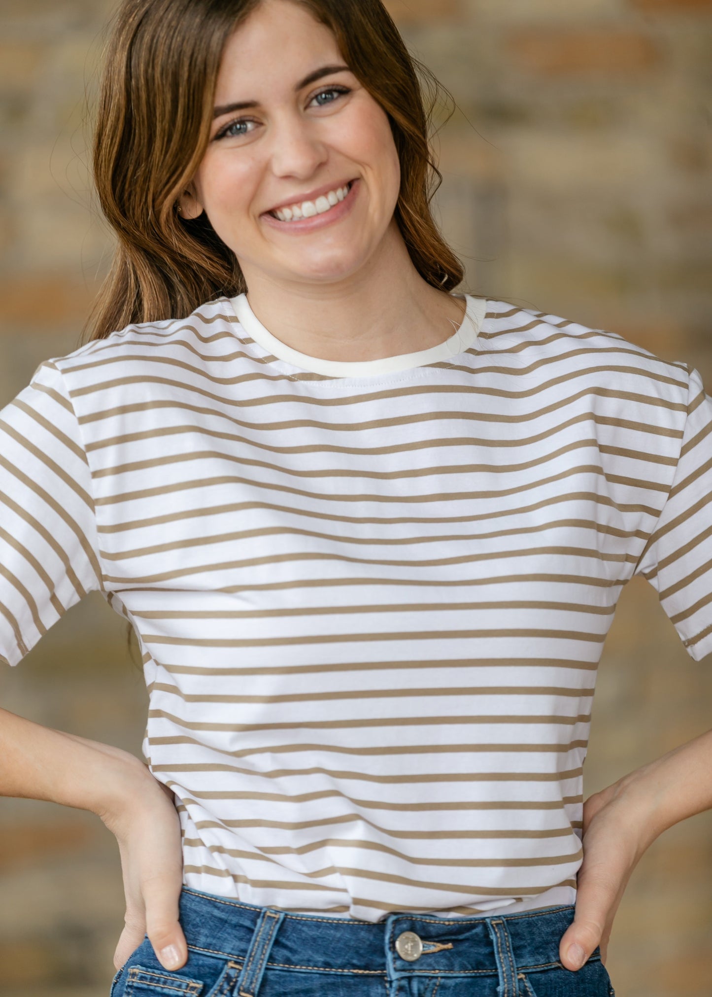 Crew Taupe Striped Relaxed Basic T Shirt