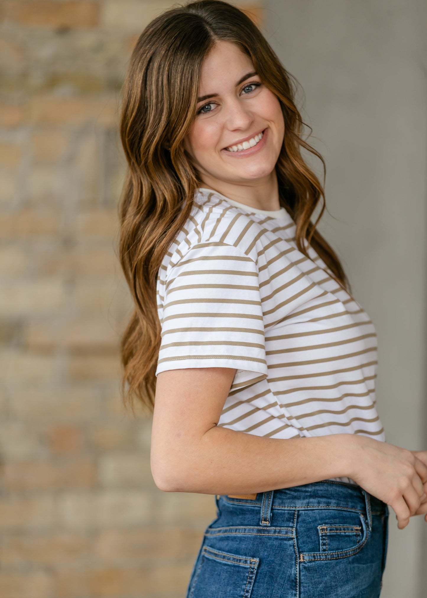 Crew Taupe Striped Relaxed Basic T Shirt