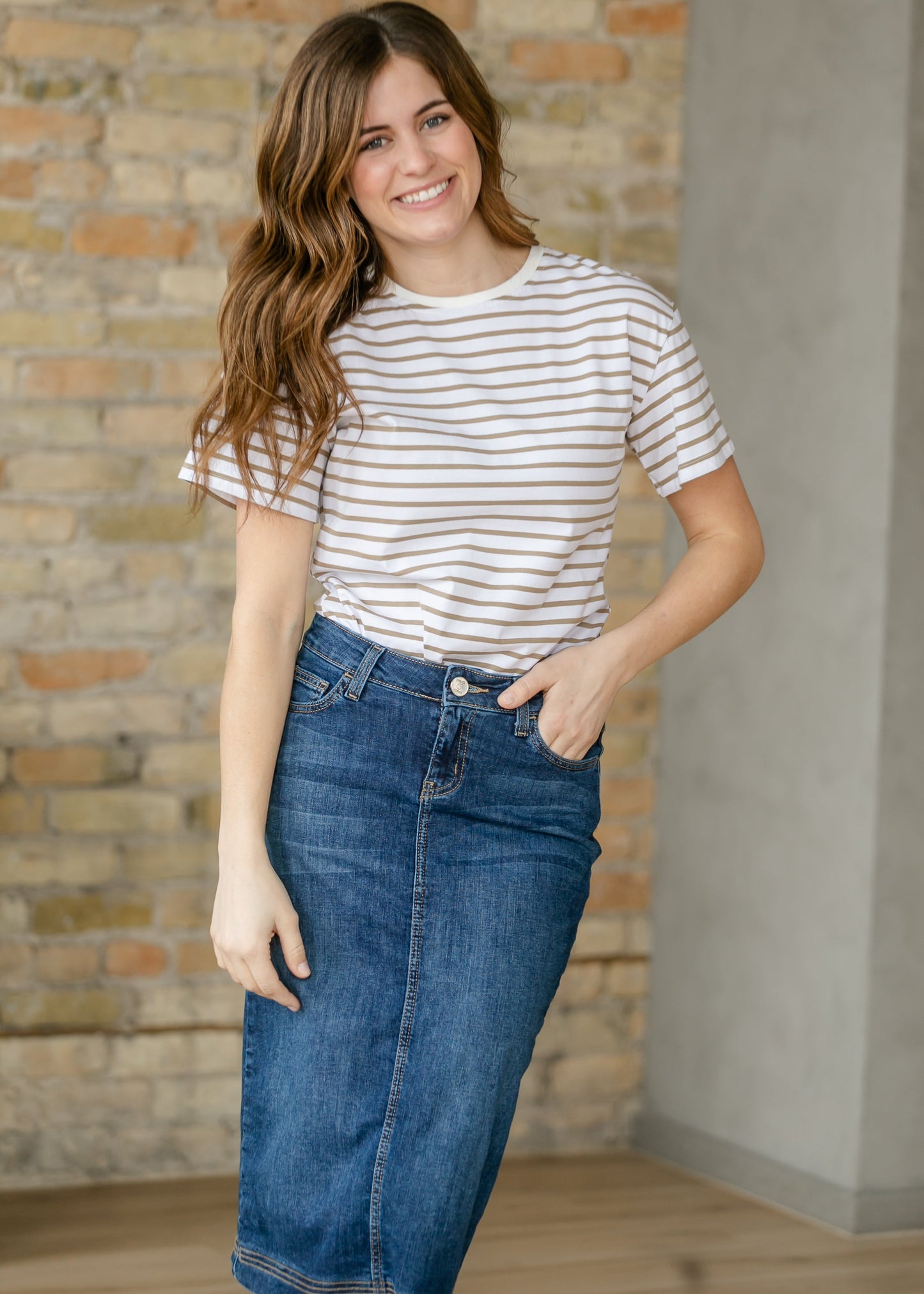 Crew Taupe Striped Relaxed Basic T Shirt