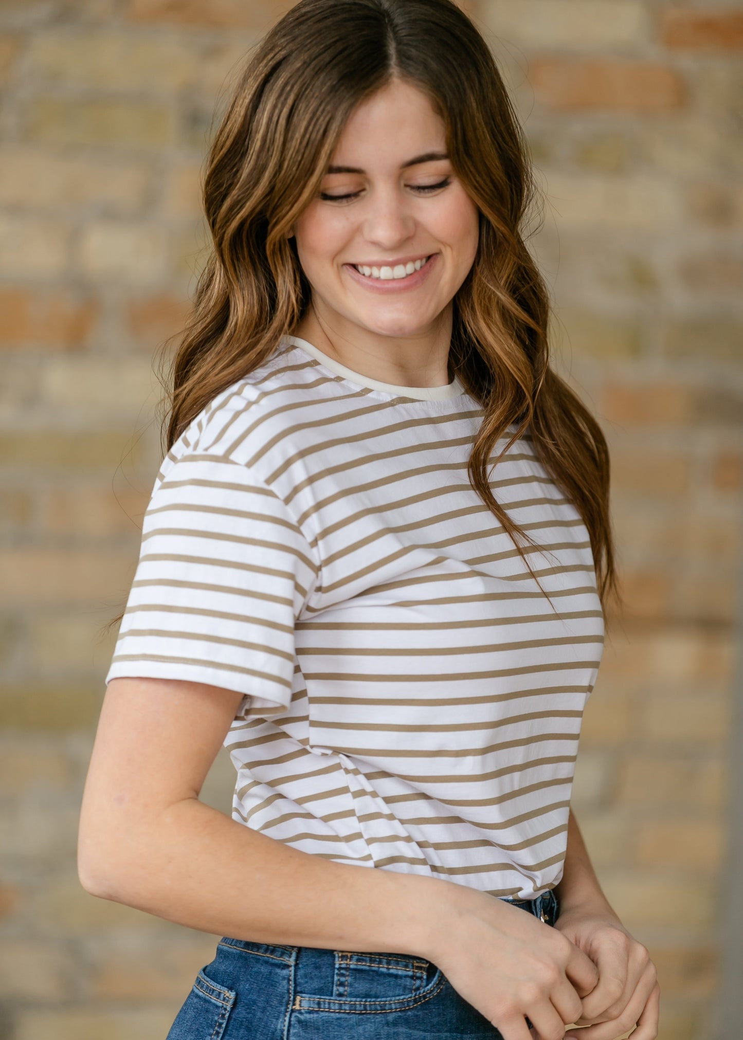 Crew Taupe Striped Relaxed Basic T Shirt