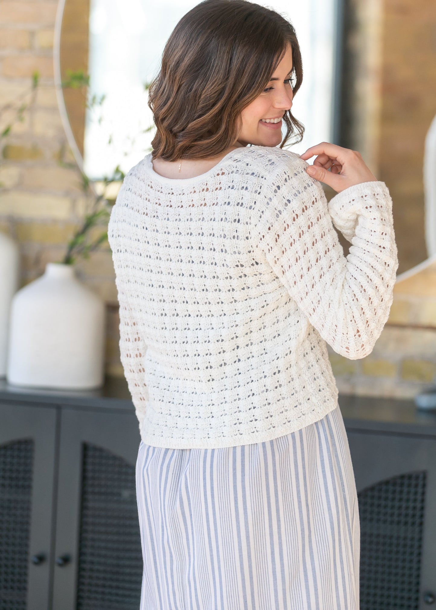 Crochet Double Bow V-Neck Sweater
