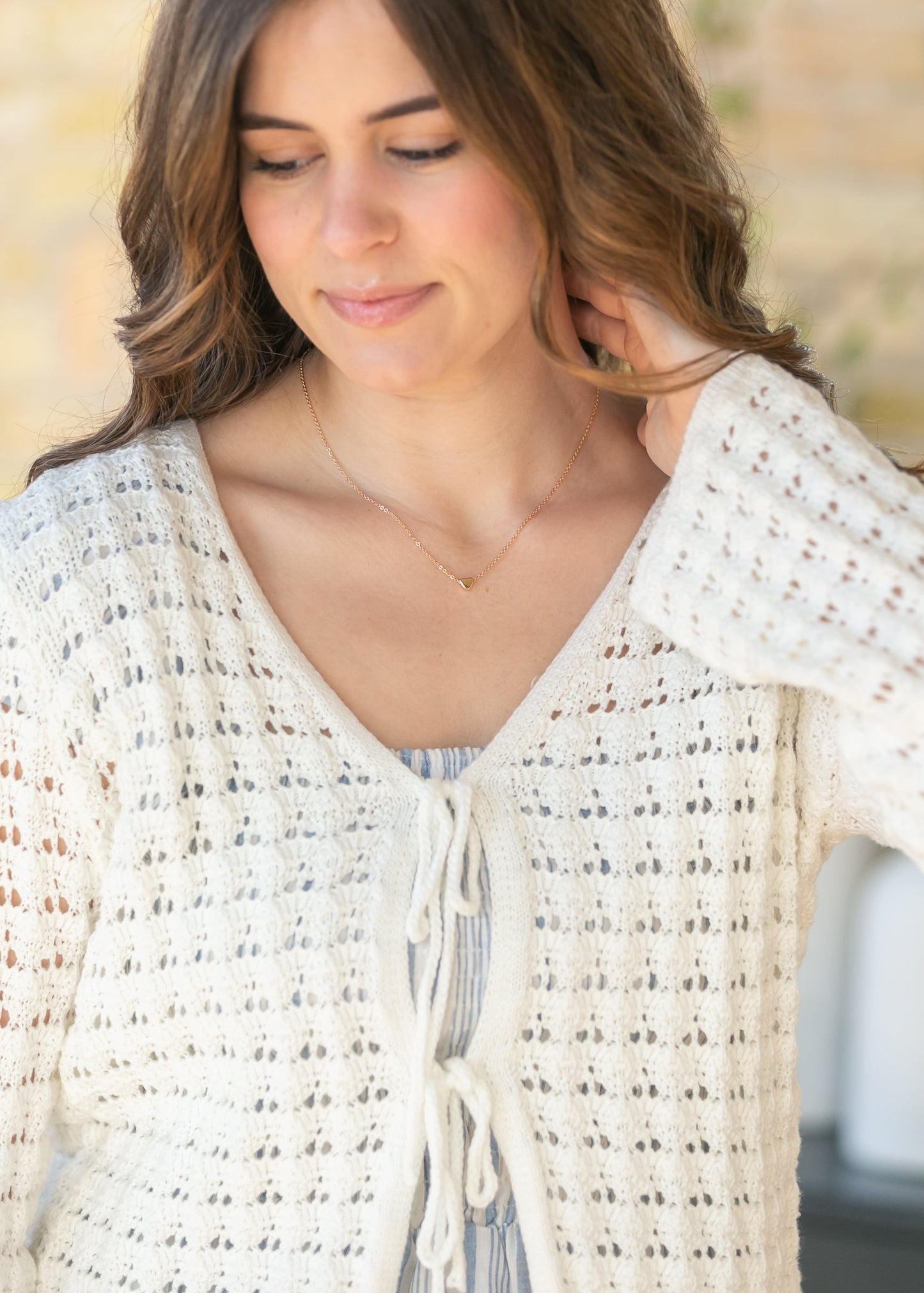 Crochet Double Bow V-Neck Sweater