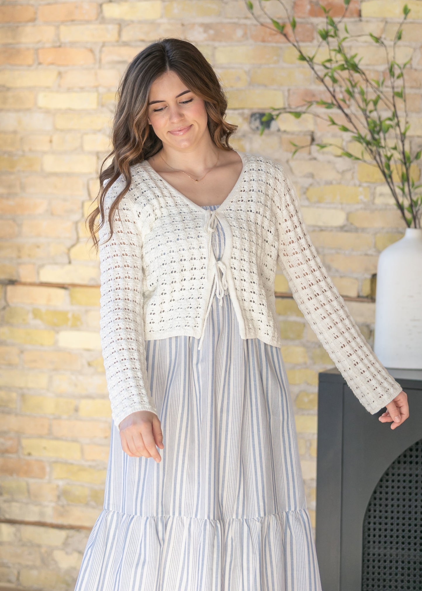 Crochet Double Bow V-Neck Sweater