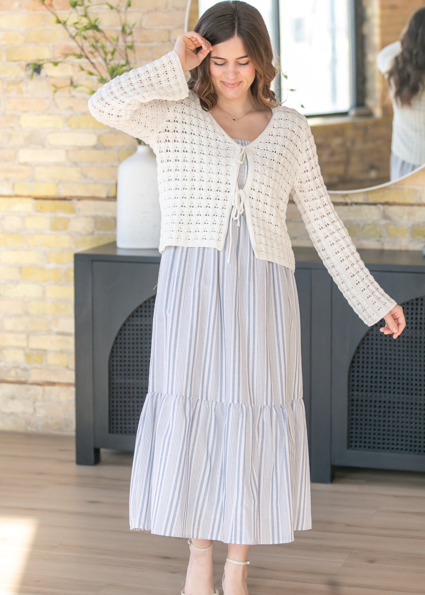 Crochet Double Bow V-Neck Sweater