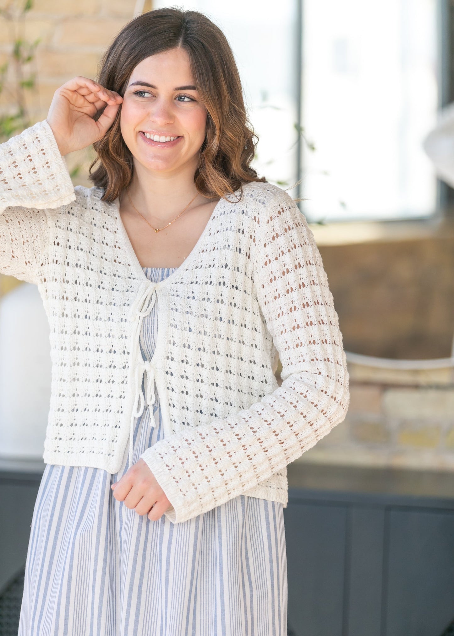 Crochet Double Bow V-Neck Sweater