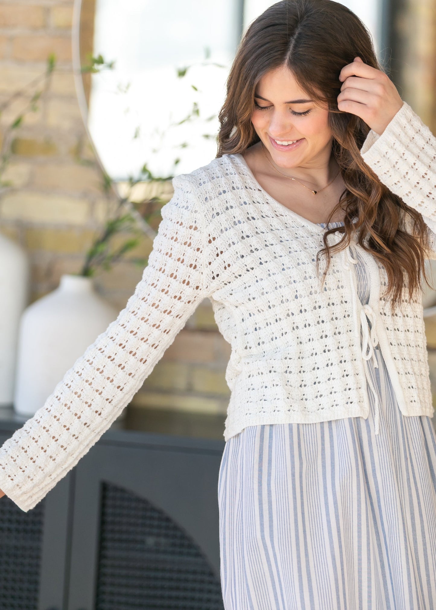 Crochet Double Bow V-Neck Sweater