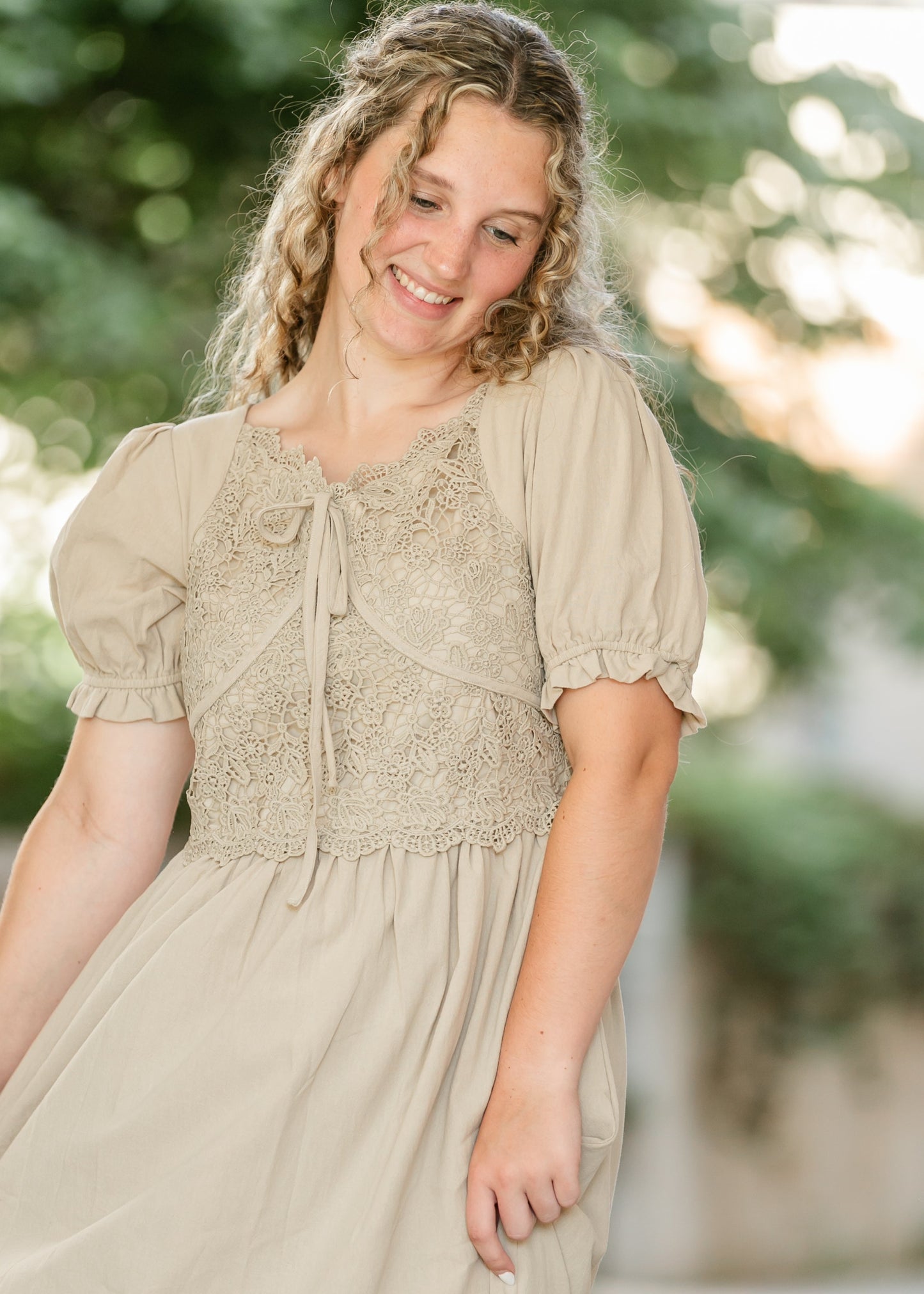 Crochet Lace Bodice Bow Detail Dress - FINAL SALE