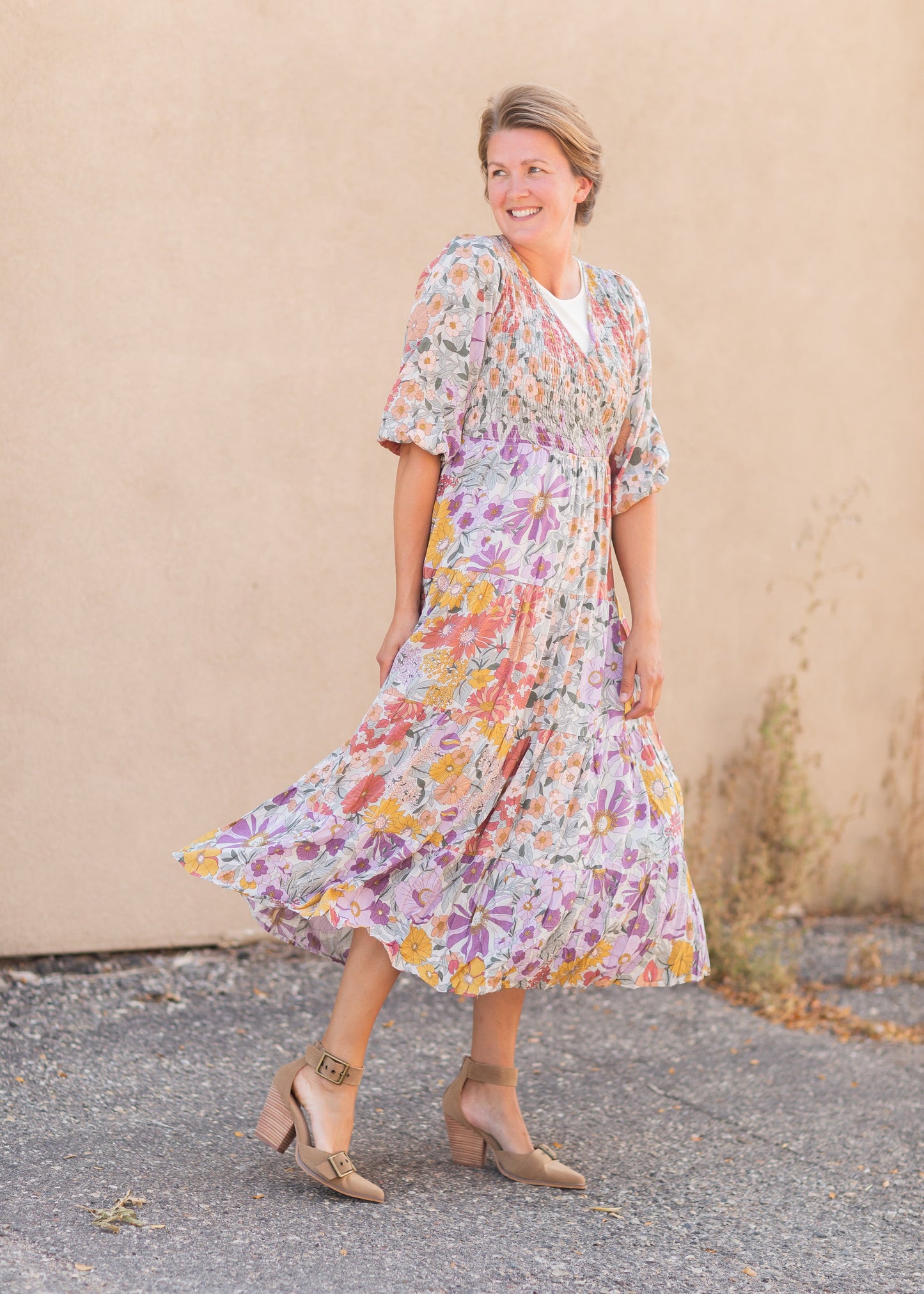 Crossover Smocked Bodice Floral Print Maxi Dress - FINAL SALE