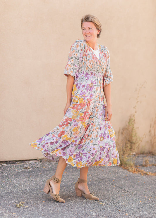 Crossover Smocked Bodice Floral Print Maxi Dress - FINAL SALE