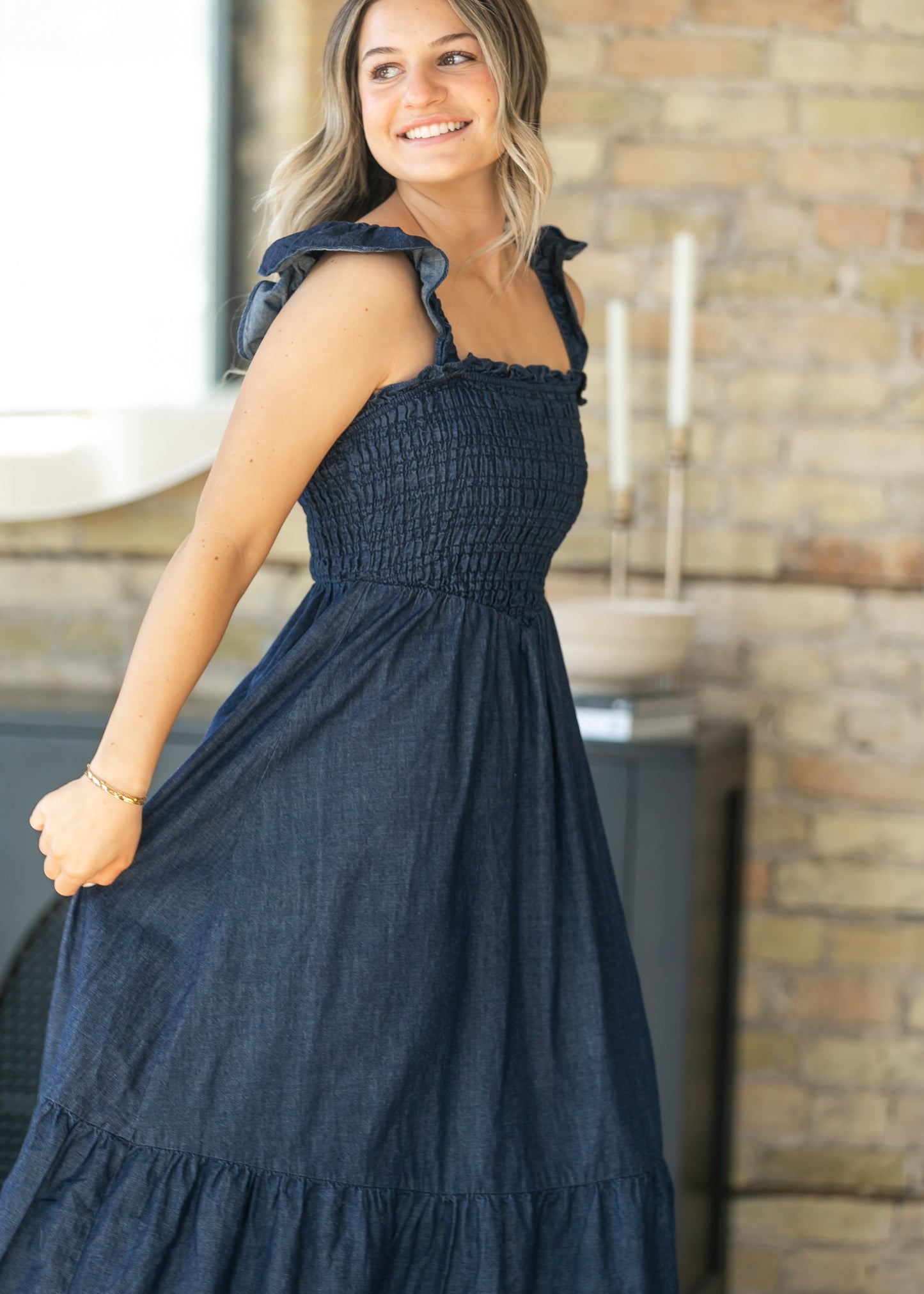 Dark Denim Ruffle Strap Maxi Dress