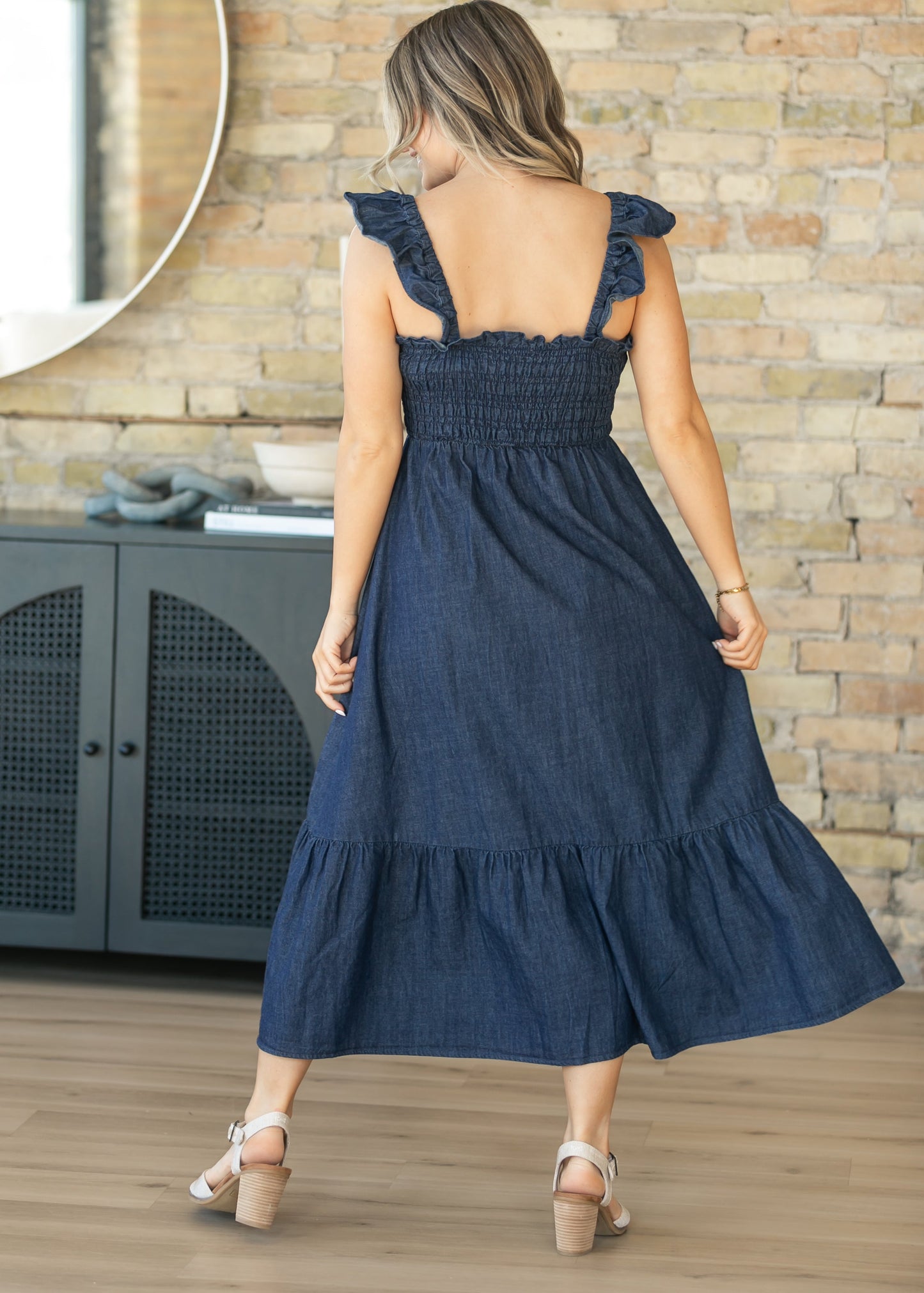 Dark Denim Ruffle Strap Maxi Dress