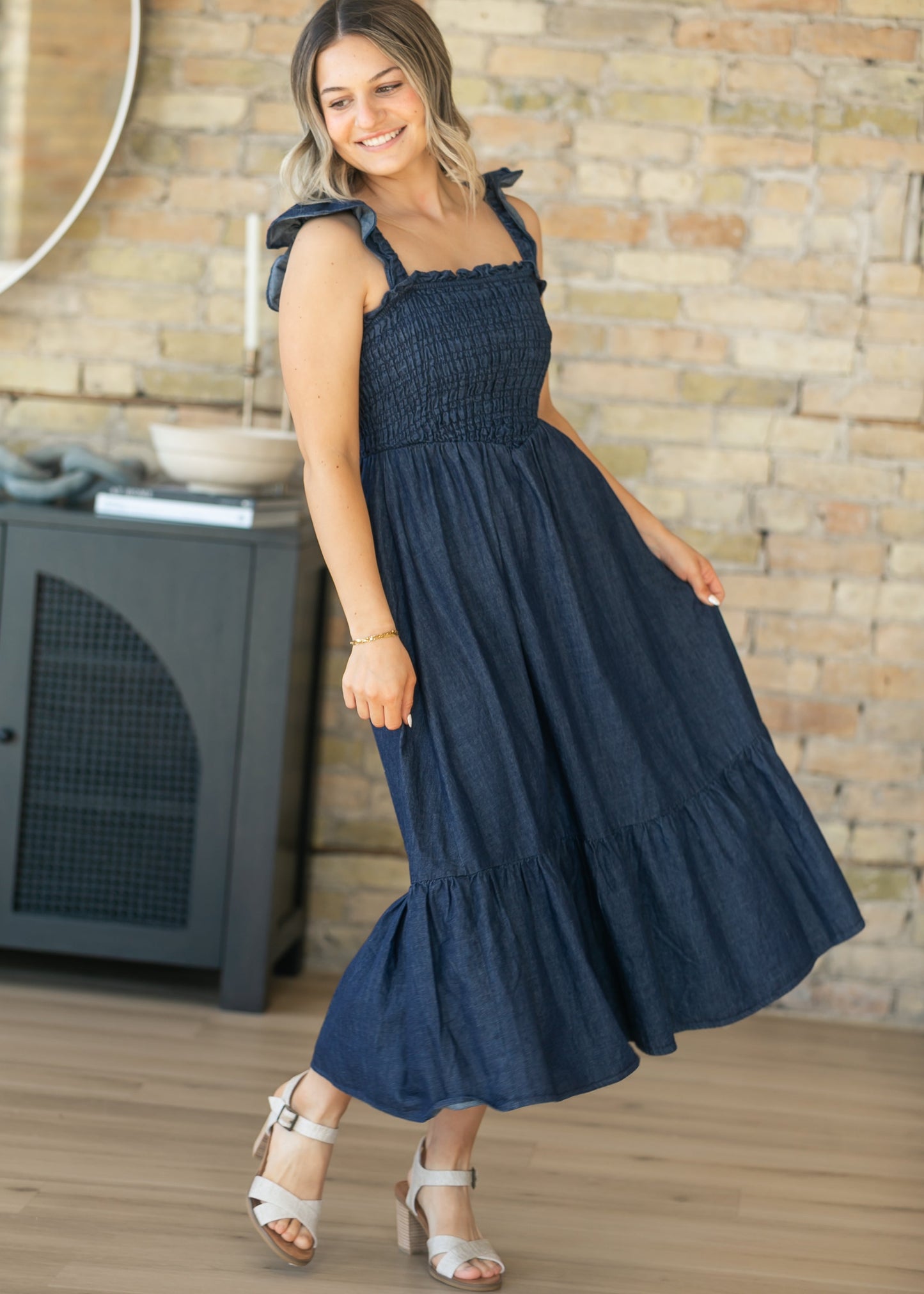 Dark Denim Ruffle Strap Maxi Dress