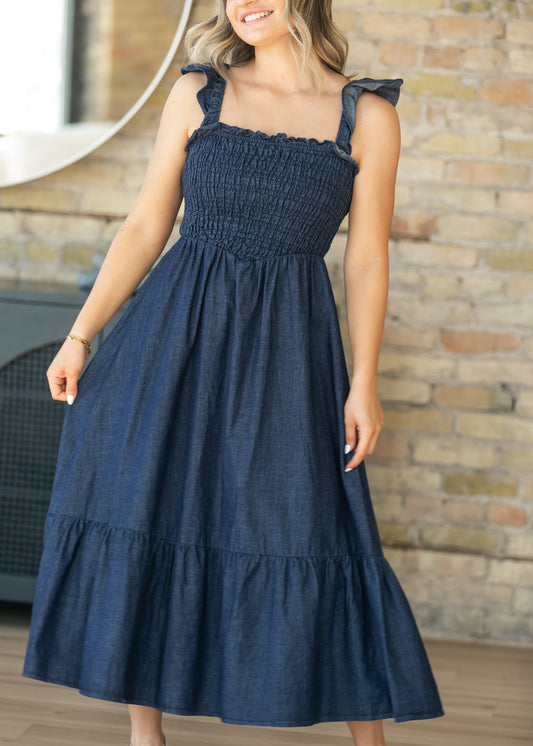 Dark Denim Ruffle Strap Maxi Dress