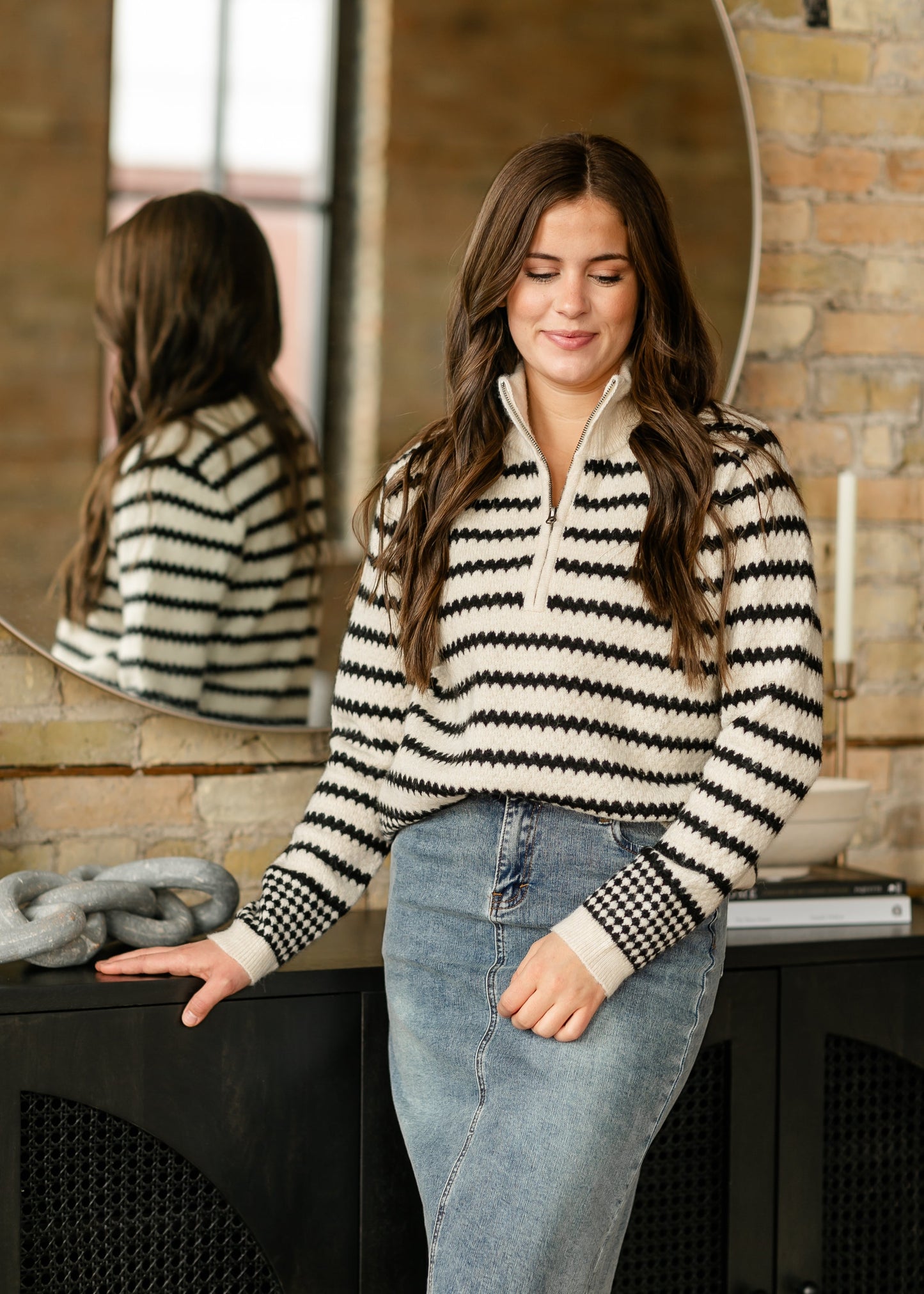 Delina Geo Stripe Quarter Zip Sweater - FINAL SALE