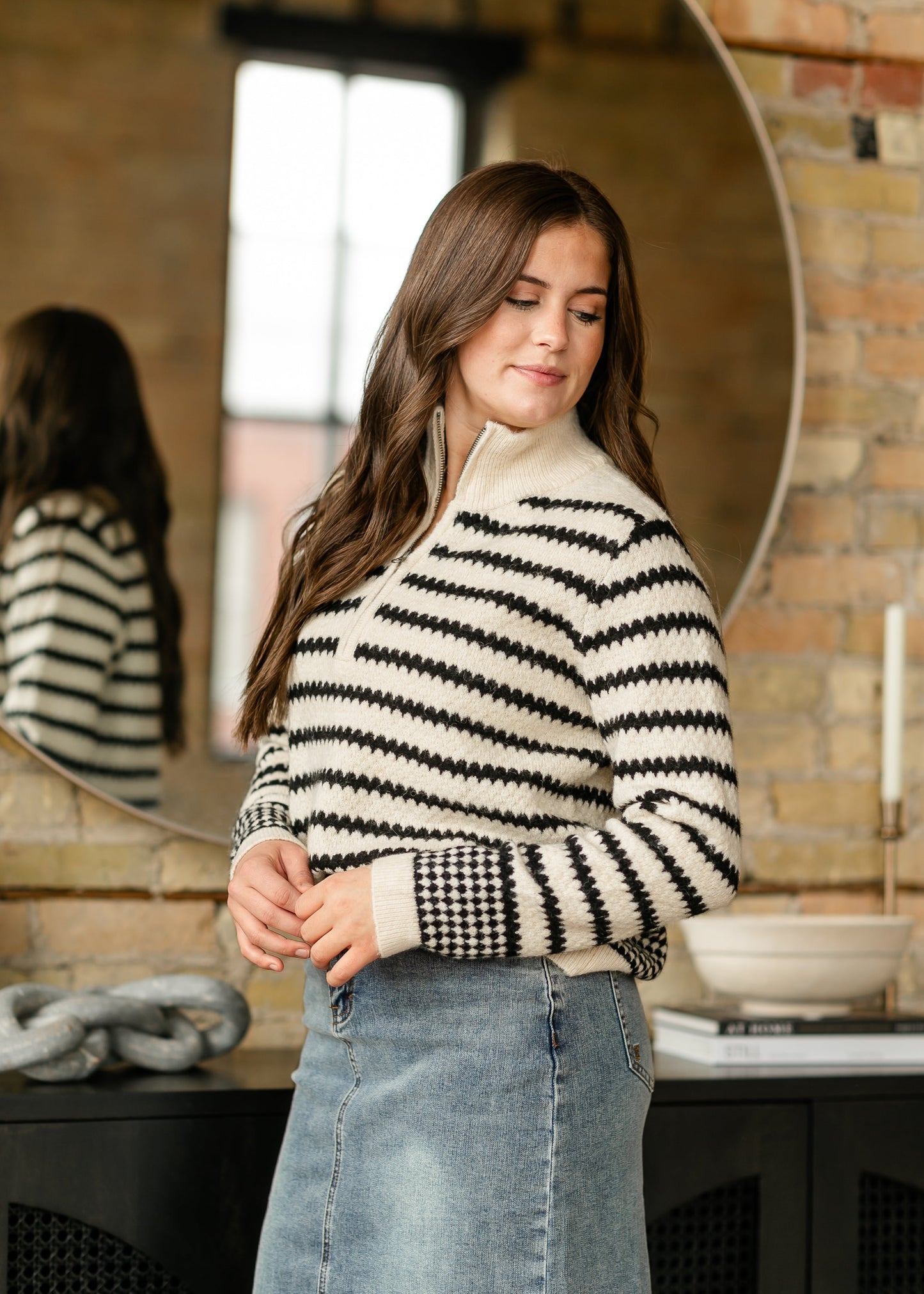Delina Geo Stripe Quarter Zip Sweater - FINAL SALE
