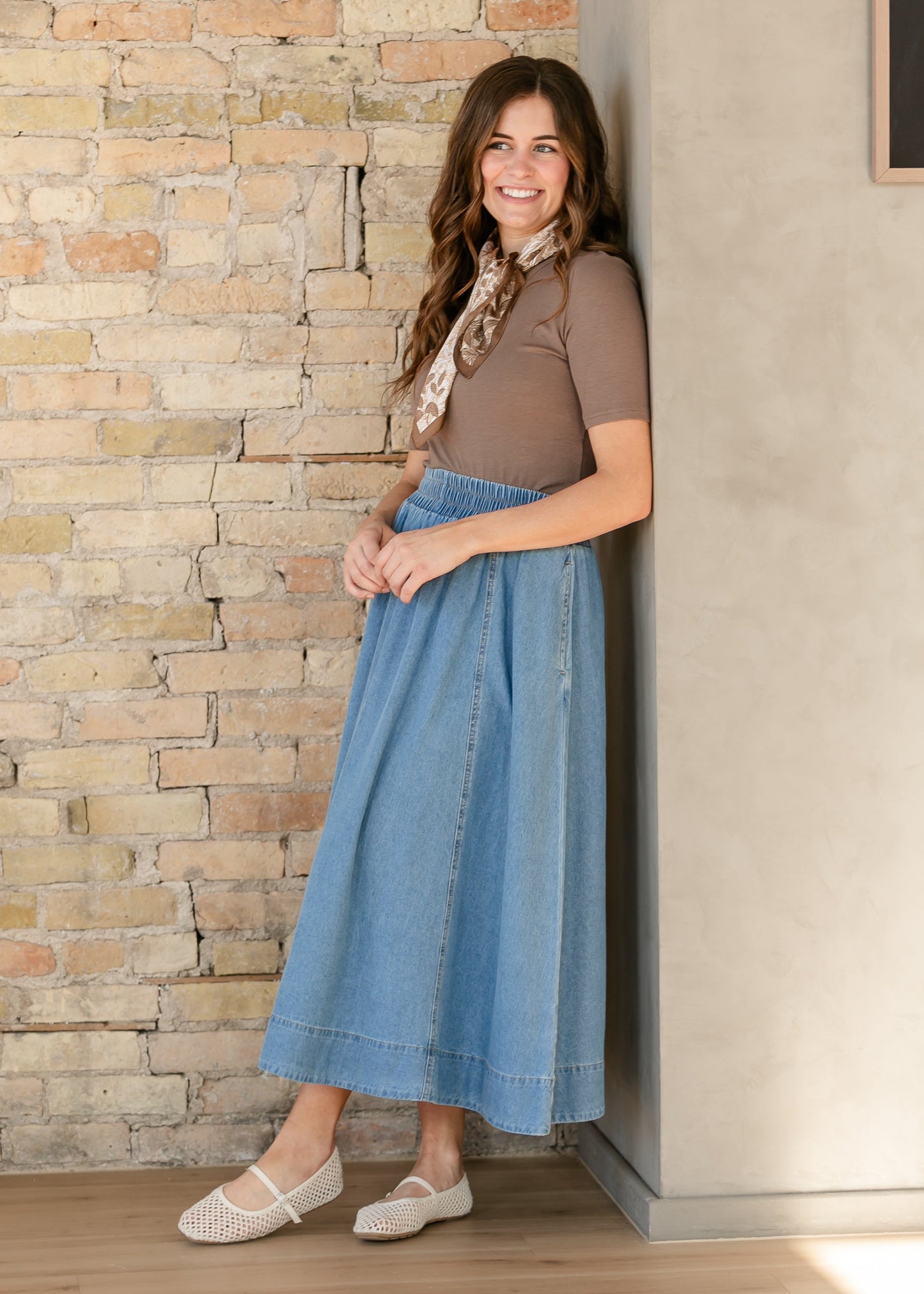 Medium Wash Denim A-Line Maxi Skirt