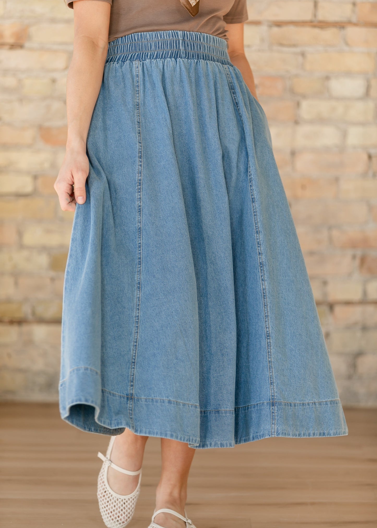 Medium Wash Denim A-Line Maxi Skirt