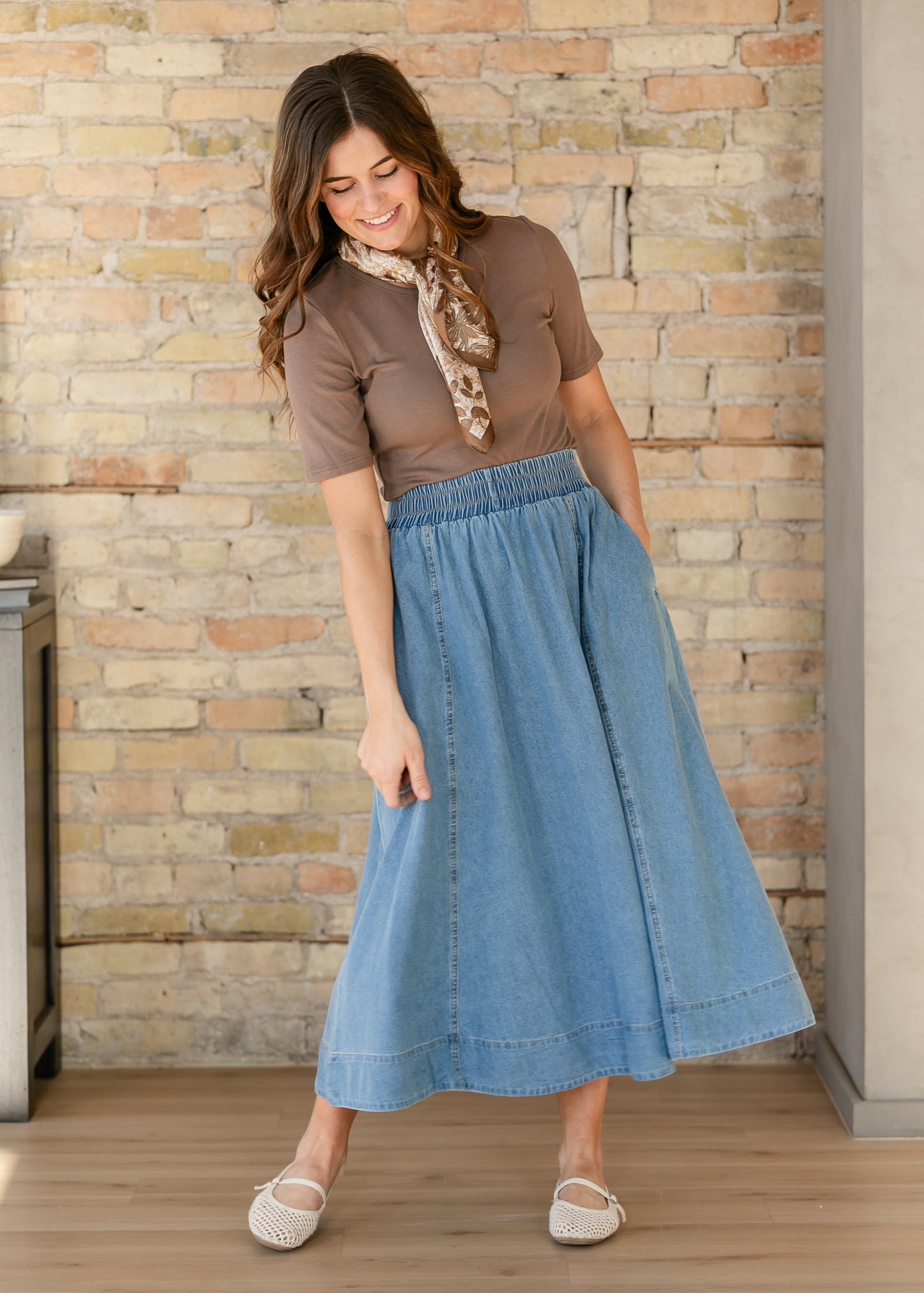 Medium Wash Denim A-Line Maxi Skirt