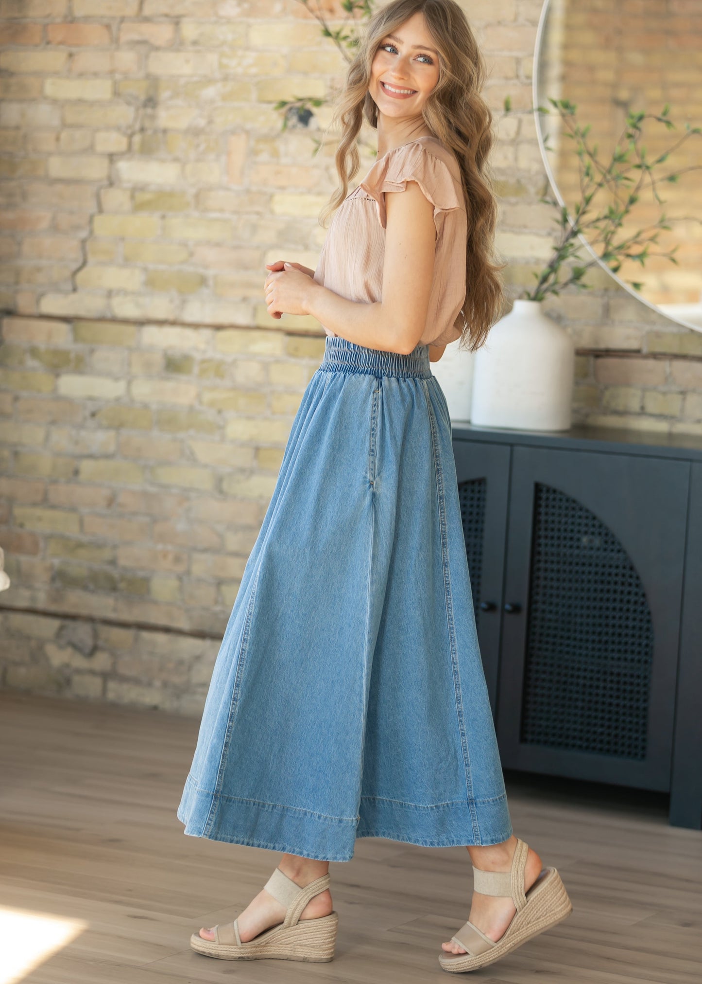 Medium Wash Denim A-Line Maxi Skirt