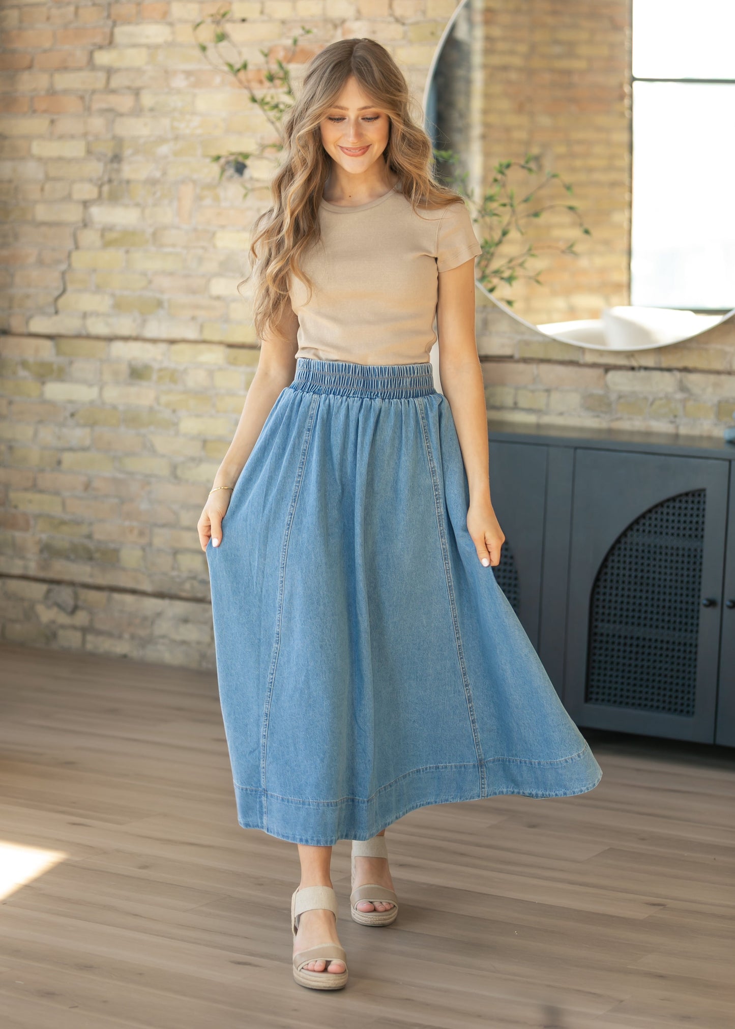 Medium Wash Denim A-Line Maxi Skirt