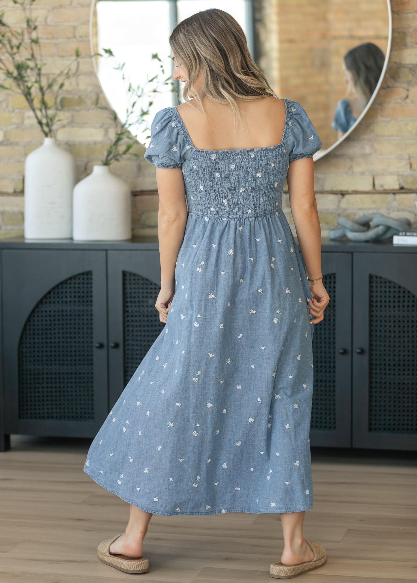 Denim Embroidered Smocked Maxi Dress
