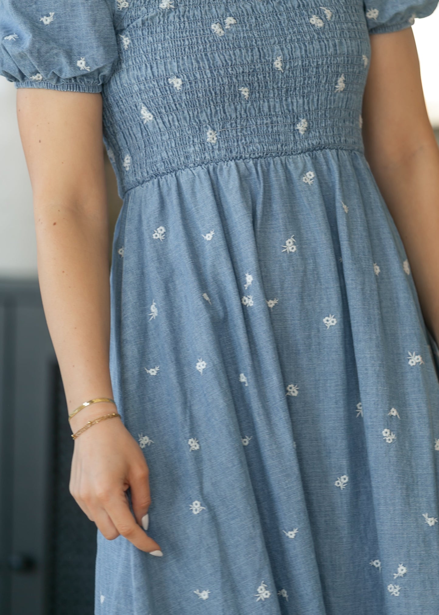 Denim Embroidered Smocked Maxi Dress