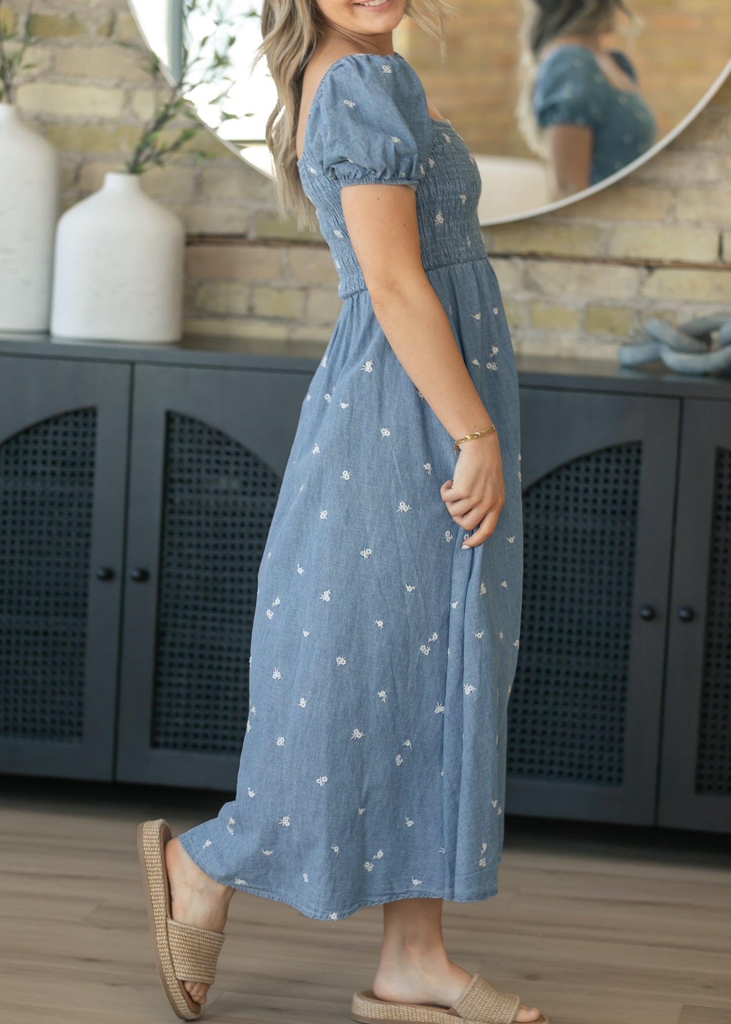Denim Embroidered Smocked Maxi Dress