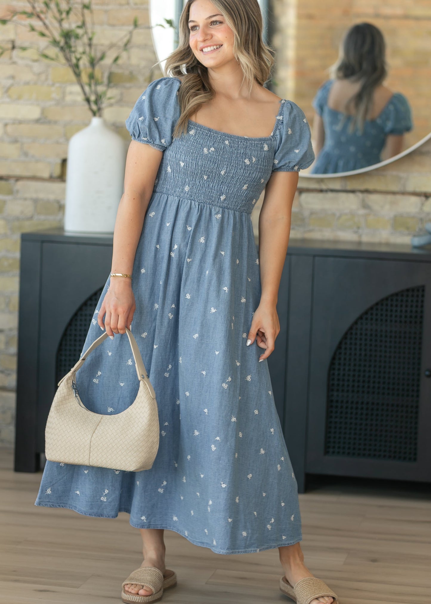 Denim Embroidered Smocked Maxi Dress