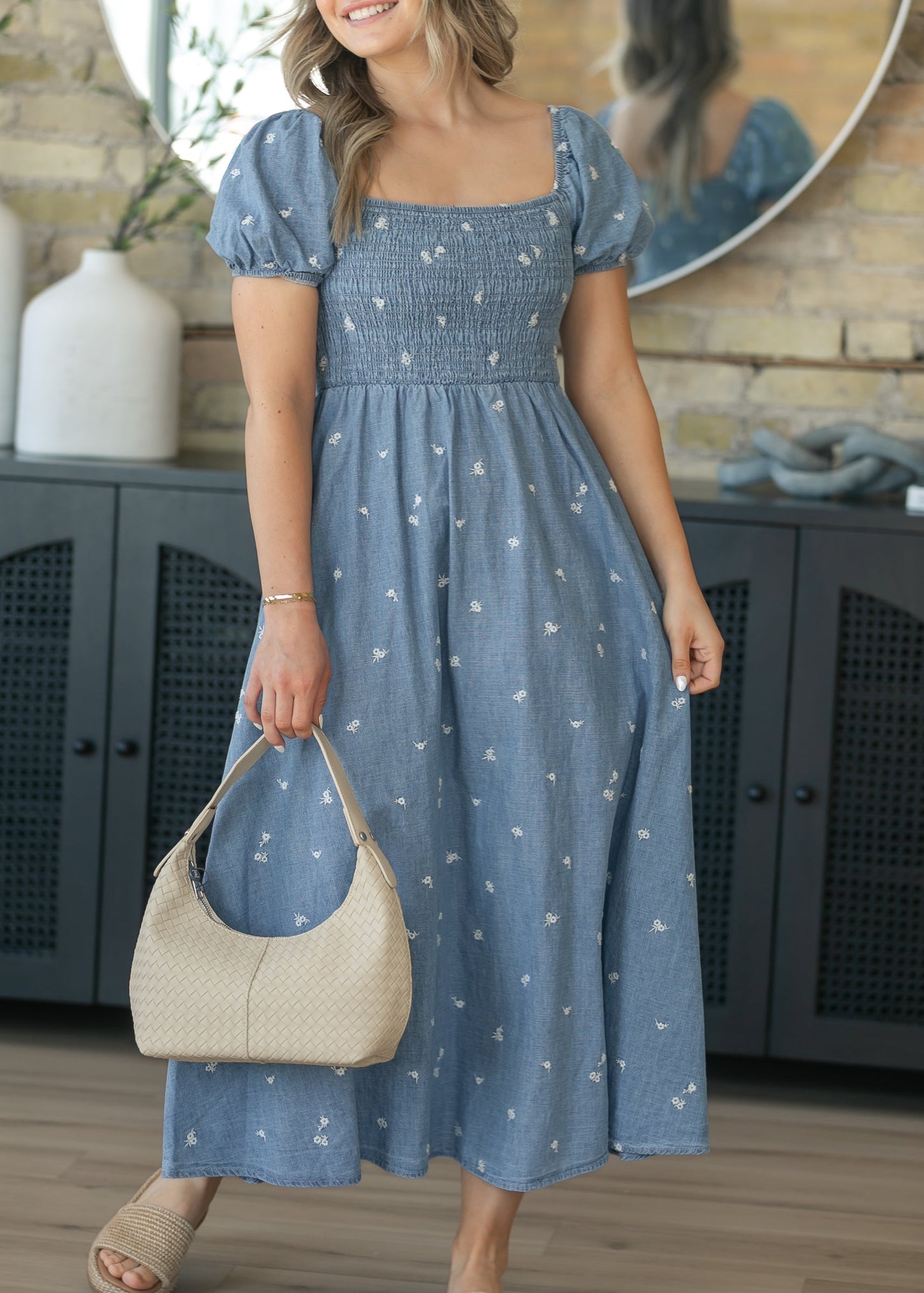 Denim Embroidered Smocked Maxi Dress