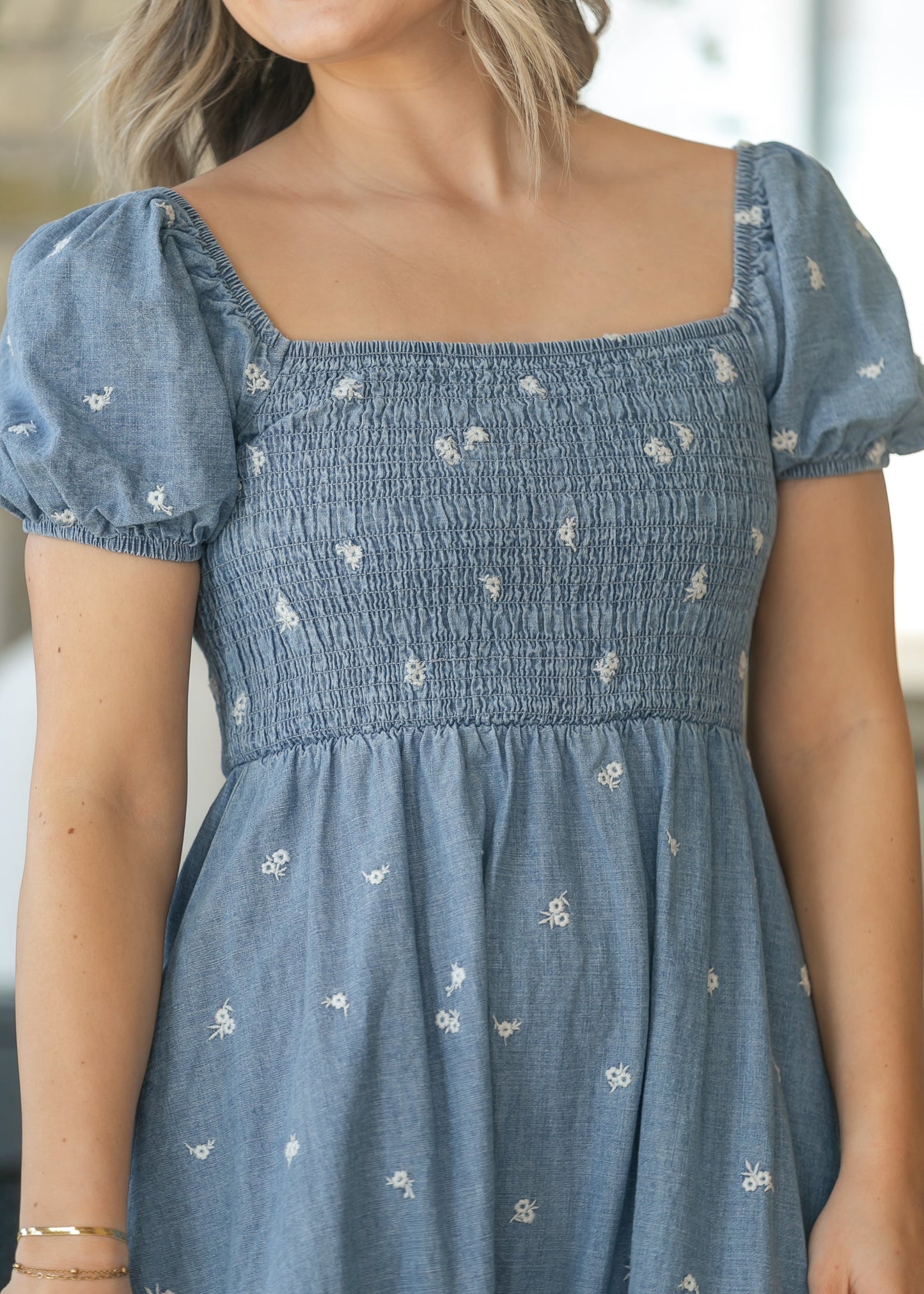 Denim Embroidered Smocked Maxi Dress
