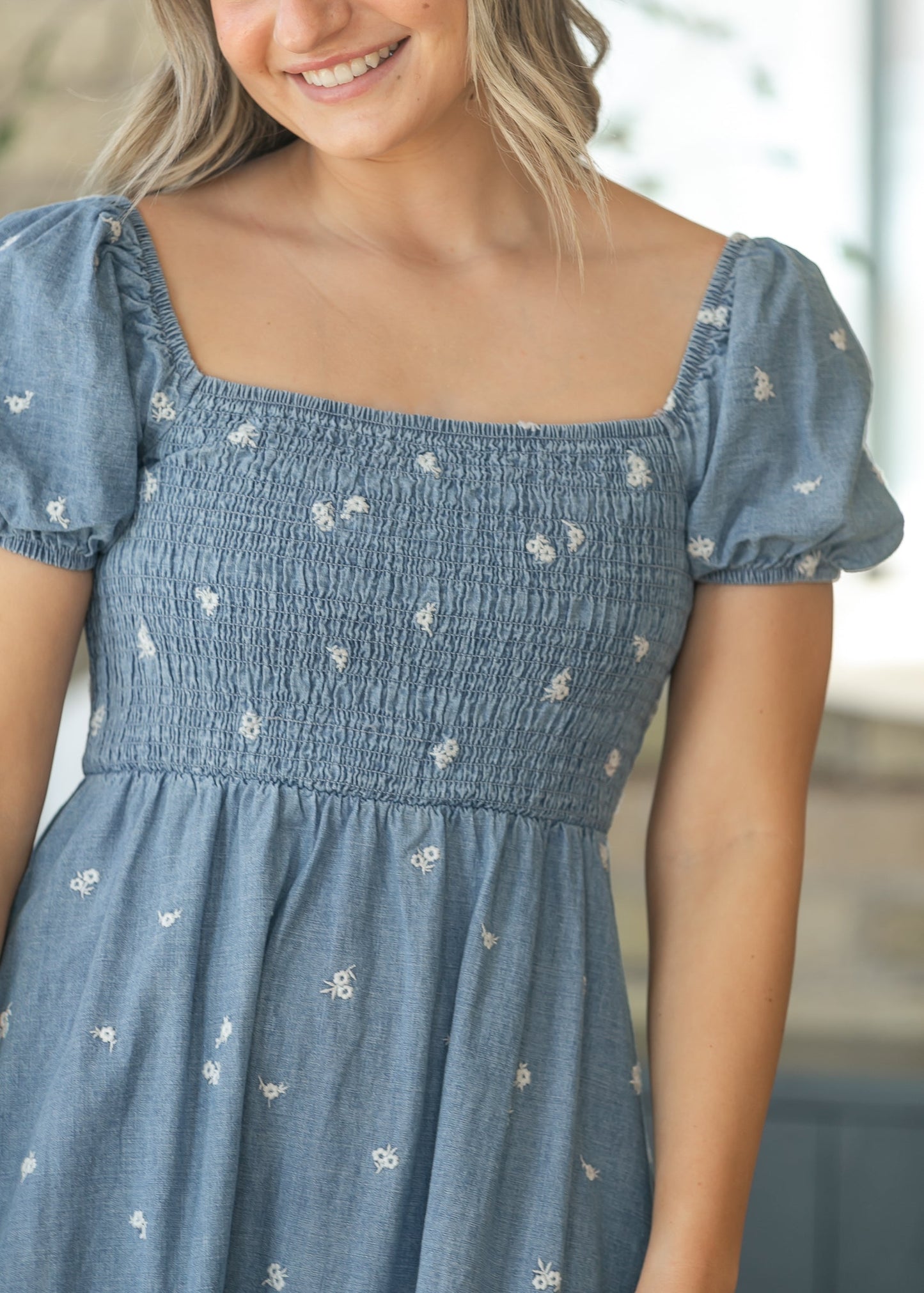 Denim Embroidered Smocked Maxi Dress