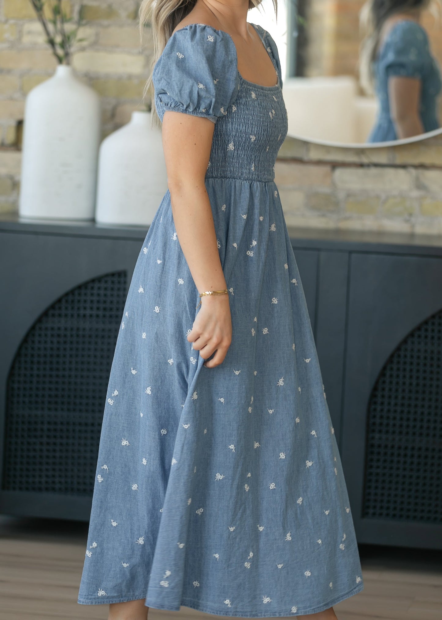 Denim Embroidered Smocked Maxi Dress