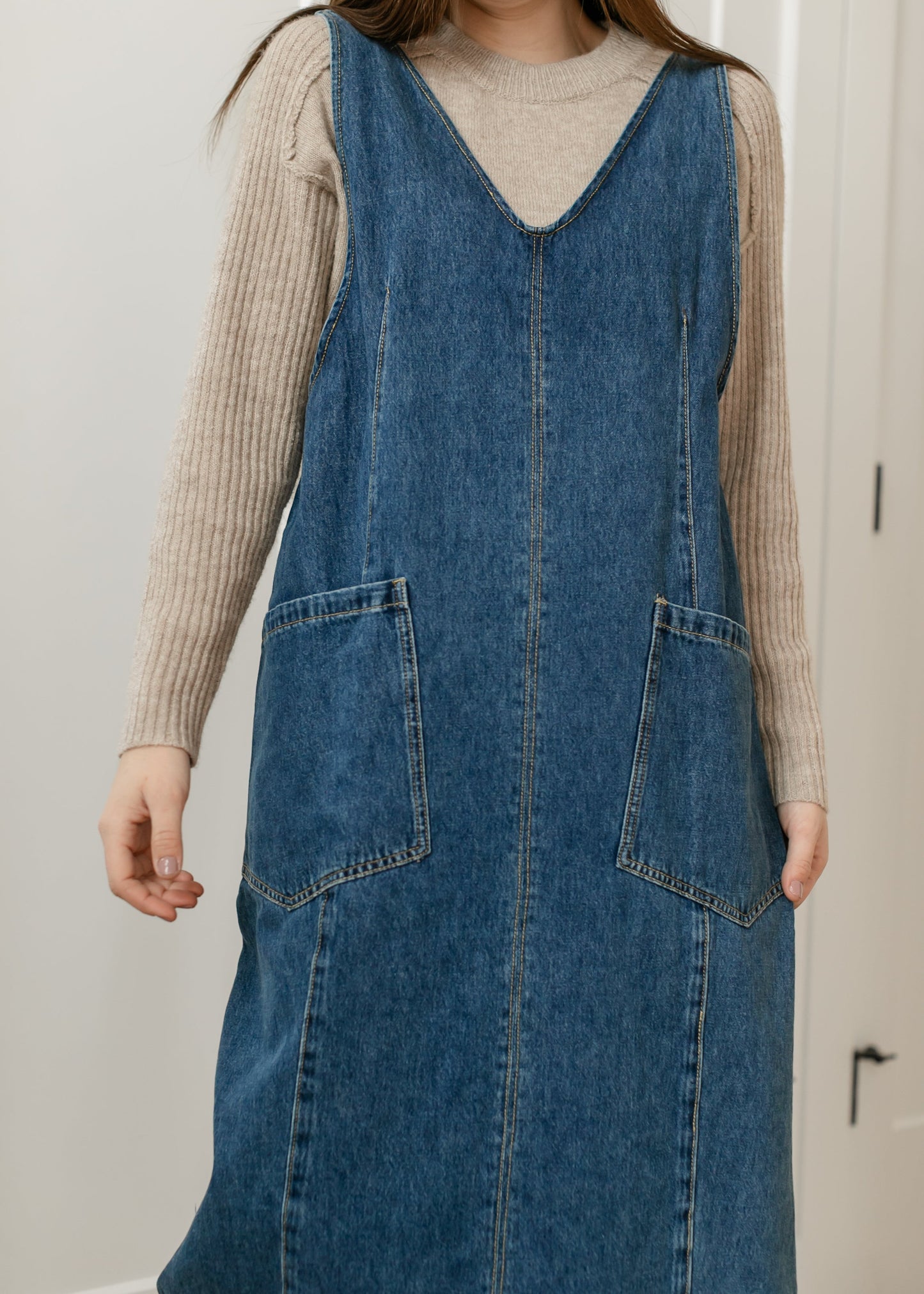 Denim V-neck Overall Midi Dress - FINAL SALE