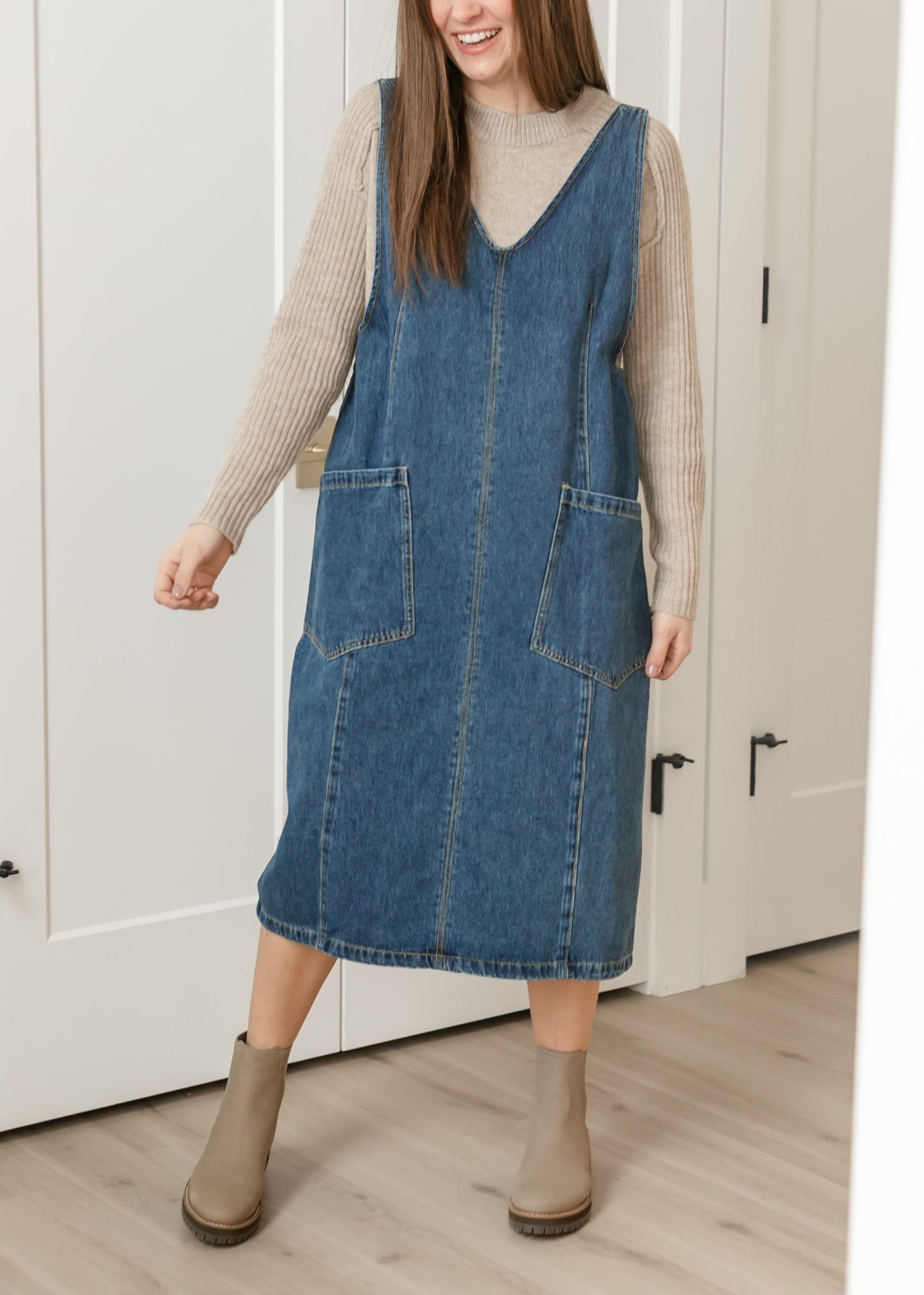 Denim V-neck Overall Midi Dress - FINAL SALE