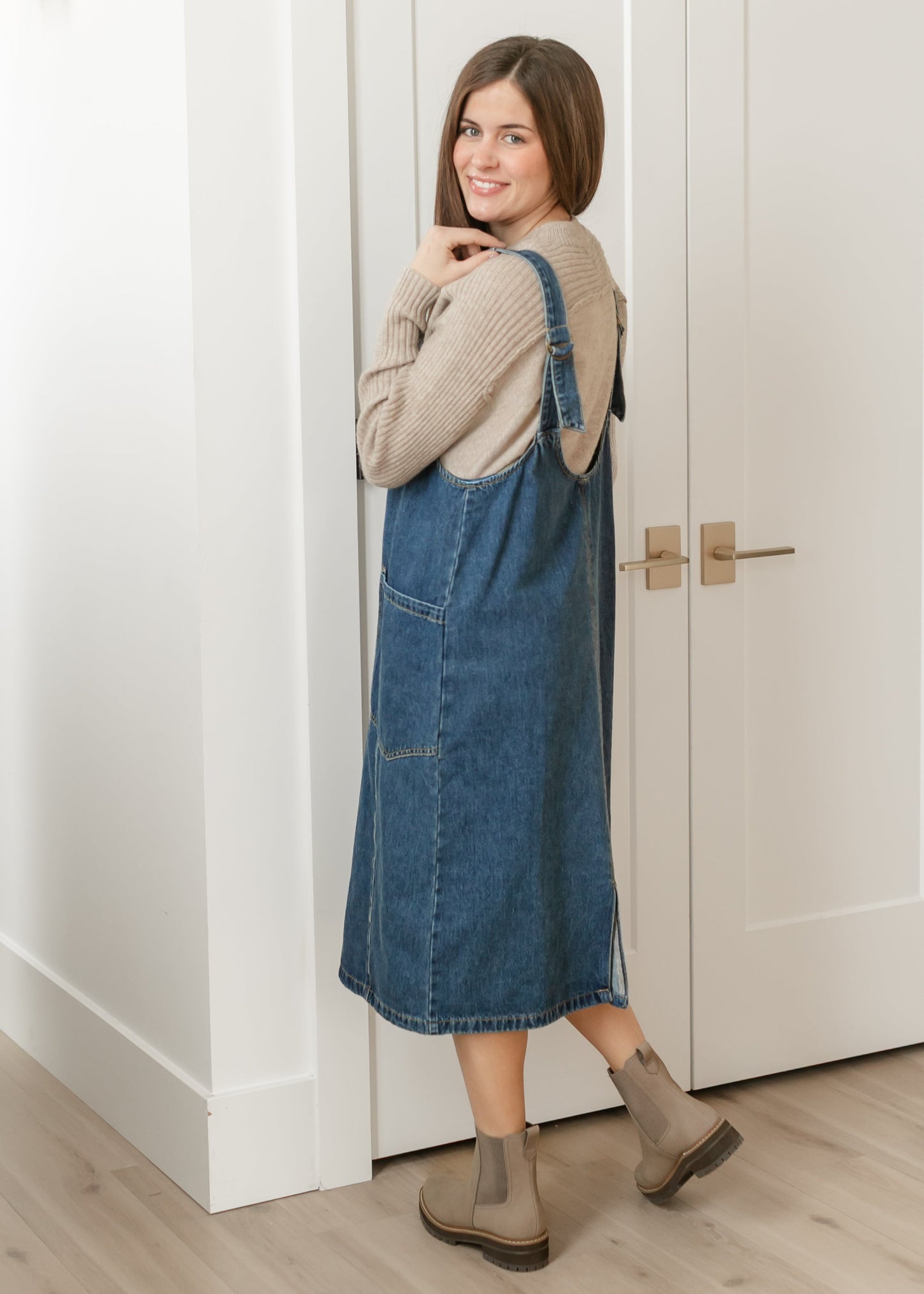 Denim V-neck Overall Midi Dress - FINAL SALE