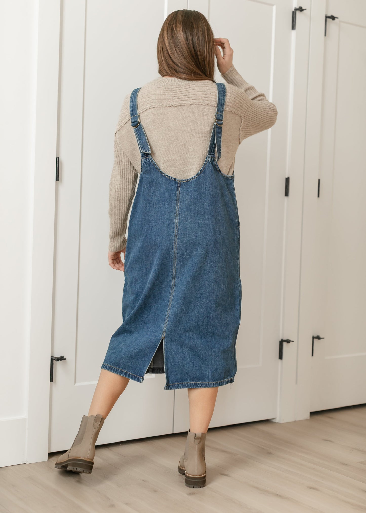 Denim V-neck Overall Midi Dress - FINAL SALE