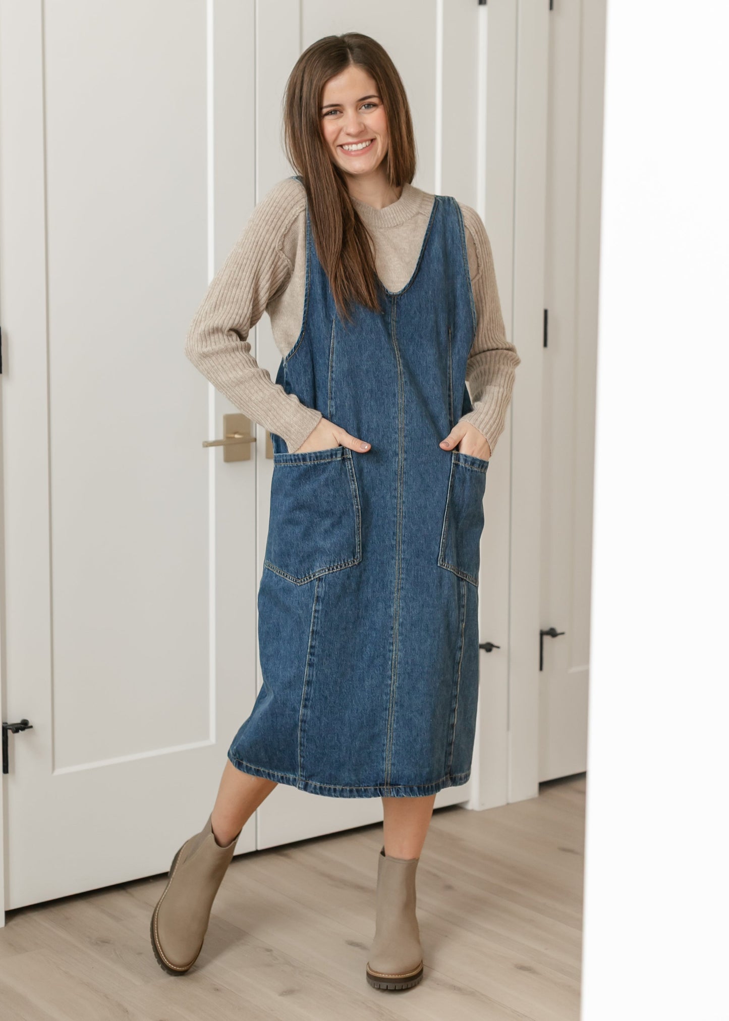Denim V-neck Overall Midi Dress - FINAL SALE