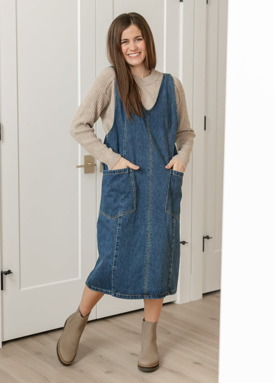 Denim V-neck Overall Midi Dress - FINAL SALE