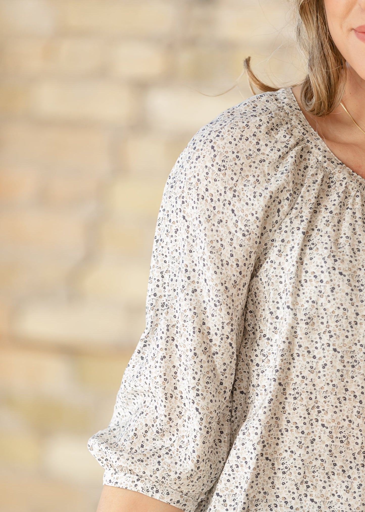 Ditsy Button Front Peasant Top