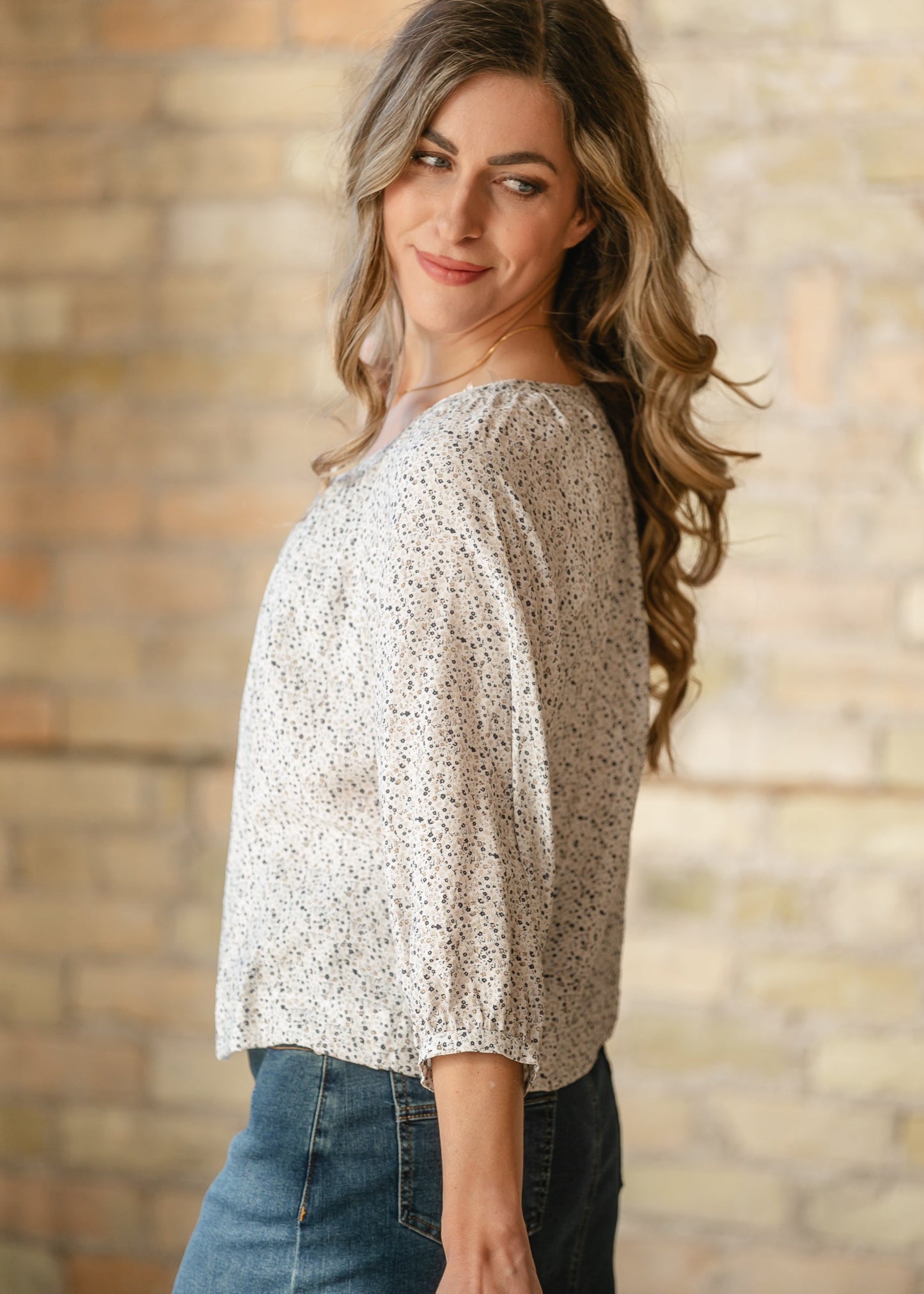 Ditsy Button Front Peasant Top