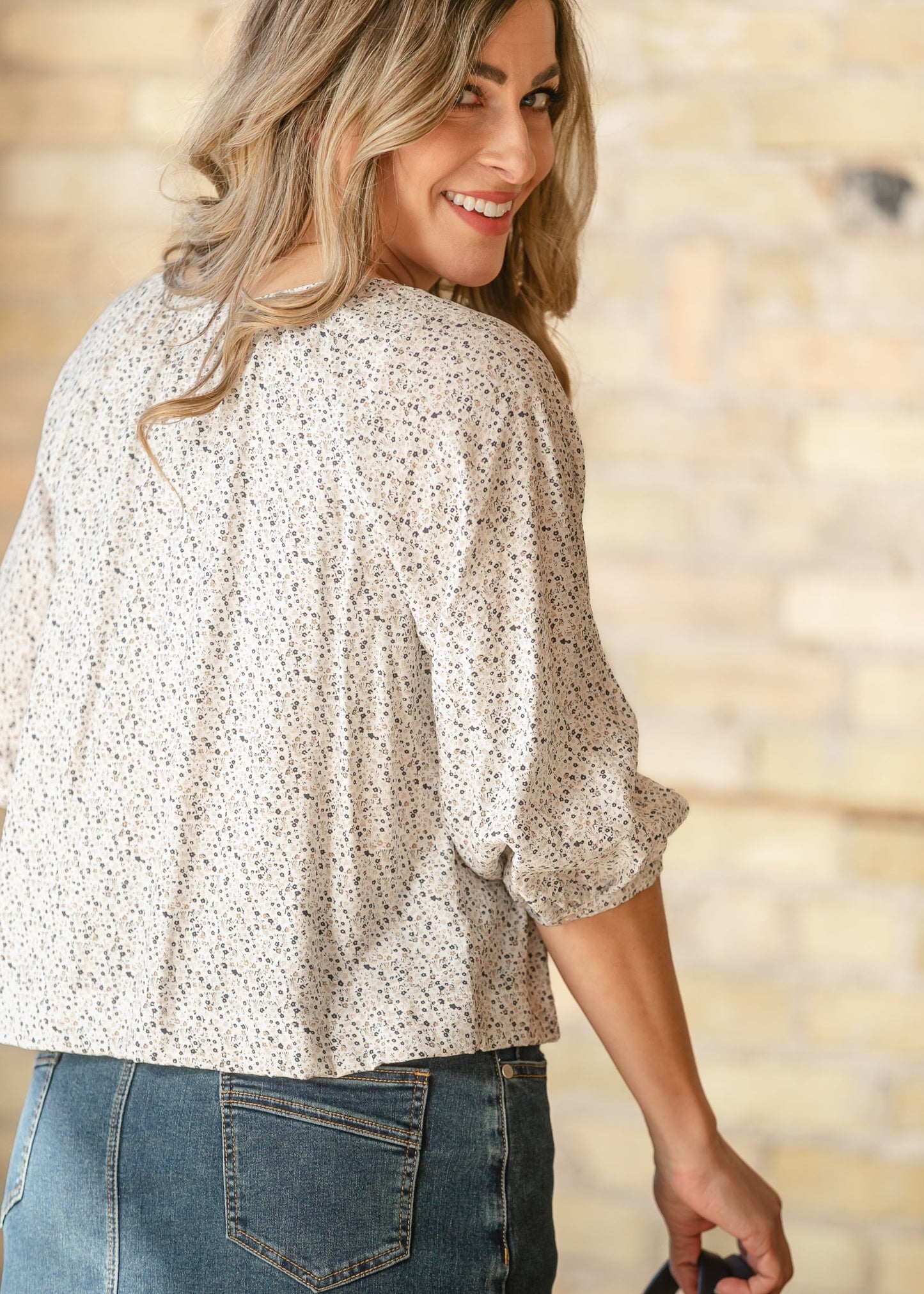 Ditsy Button Front Peasant Top
