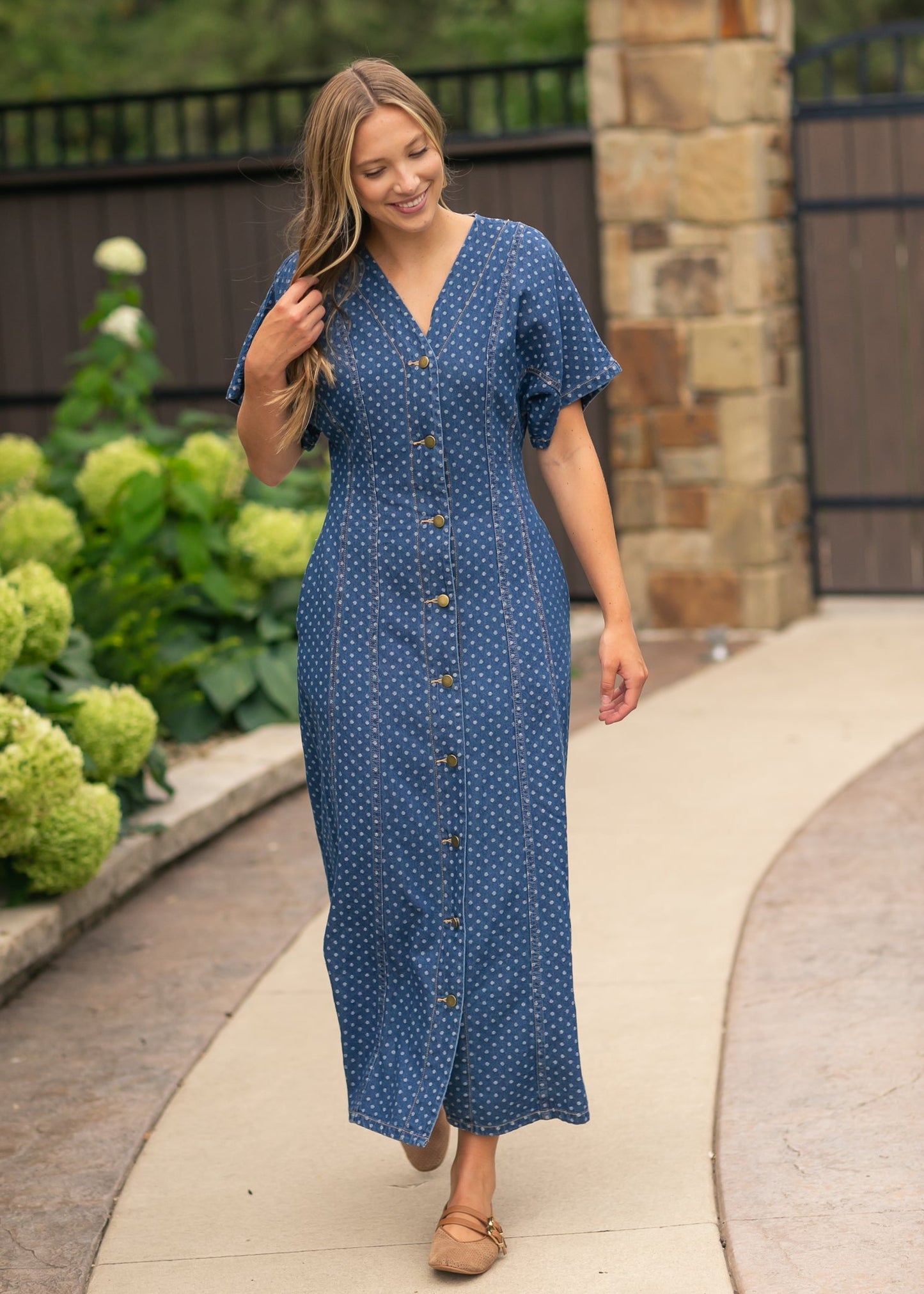 Dot Print Button Front Denim Dress - FINAL SALE