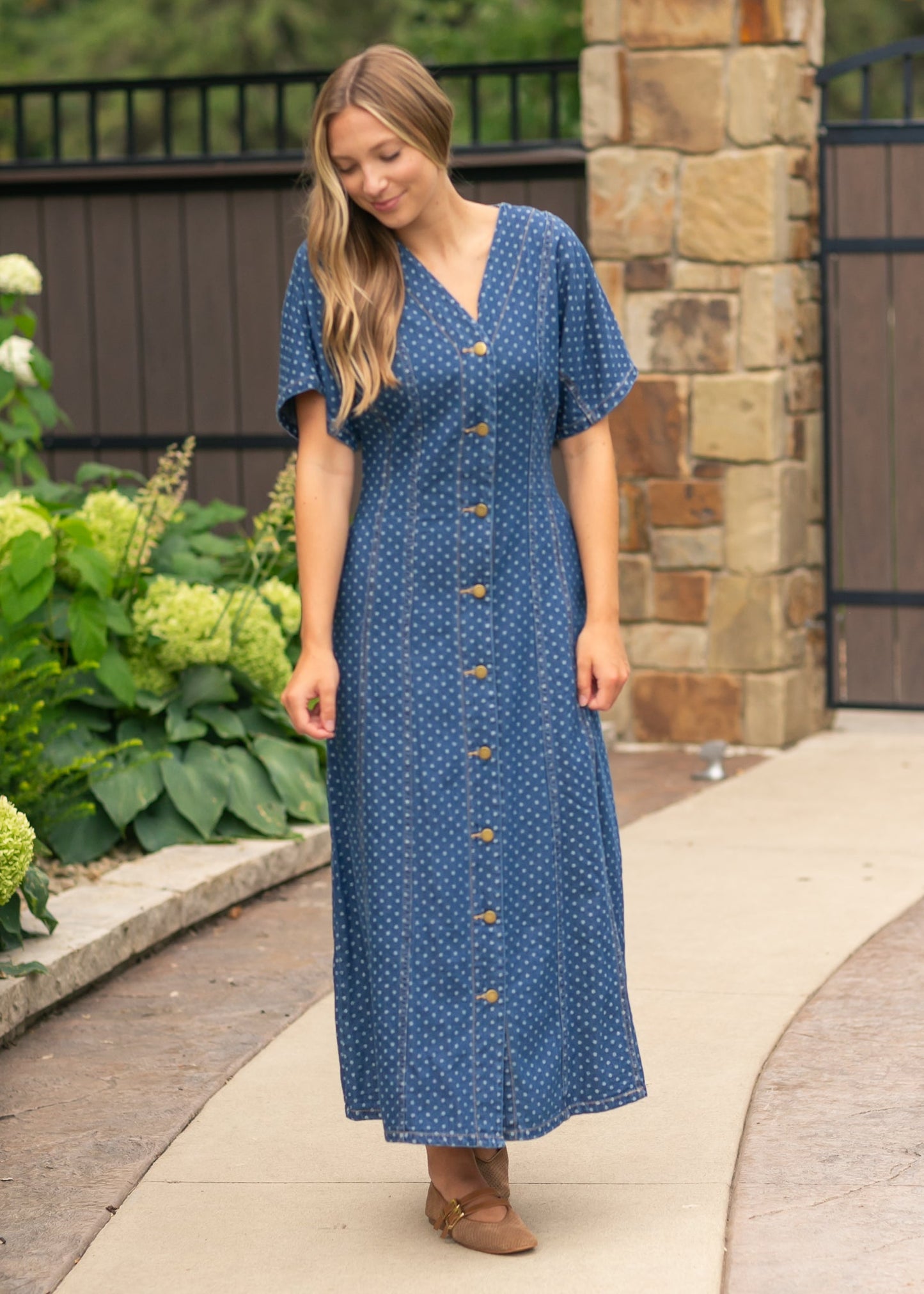 Dot Print Button Front Denim Dress - FINAL SALE