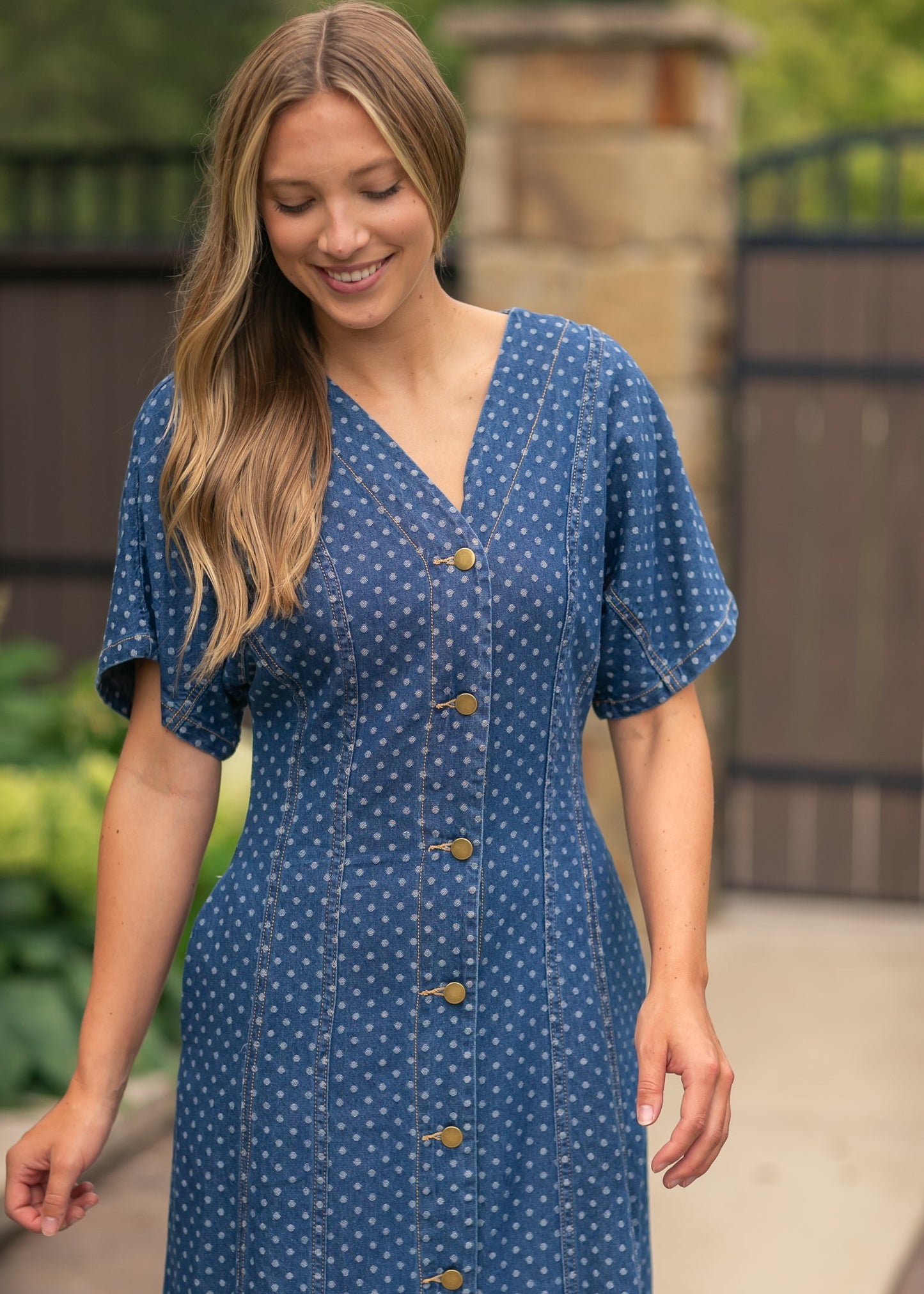 Dot Print Button Front Denim Dress - FINAL SALE