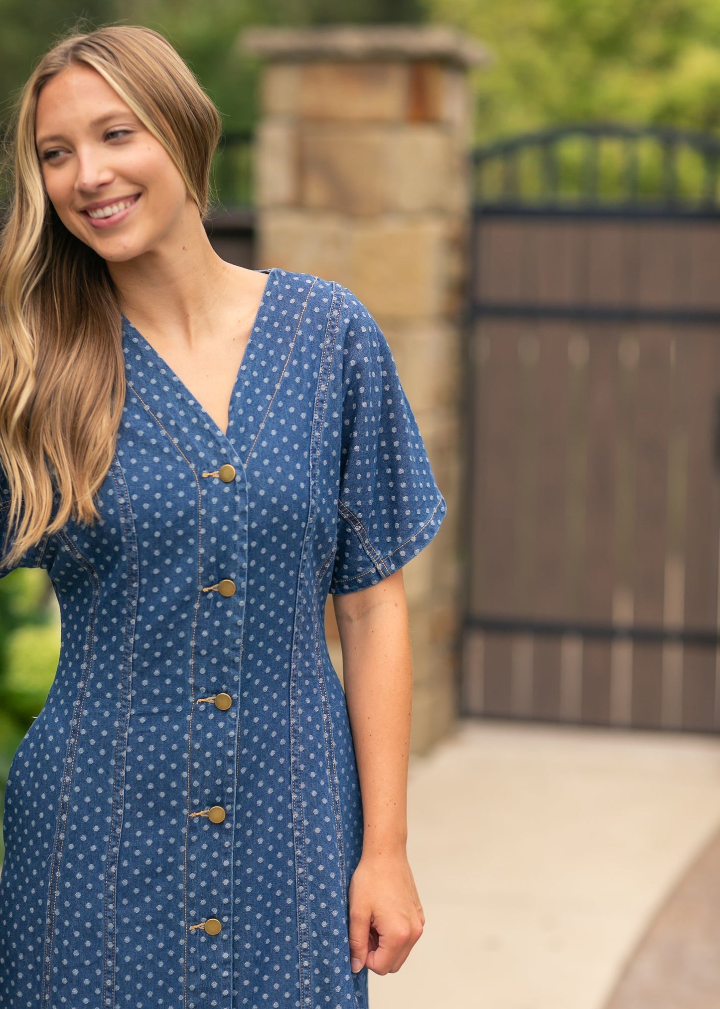 Dot Print Button Front Denim Dress - FINAL SALE