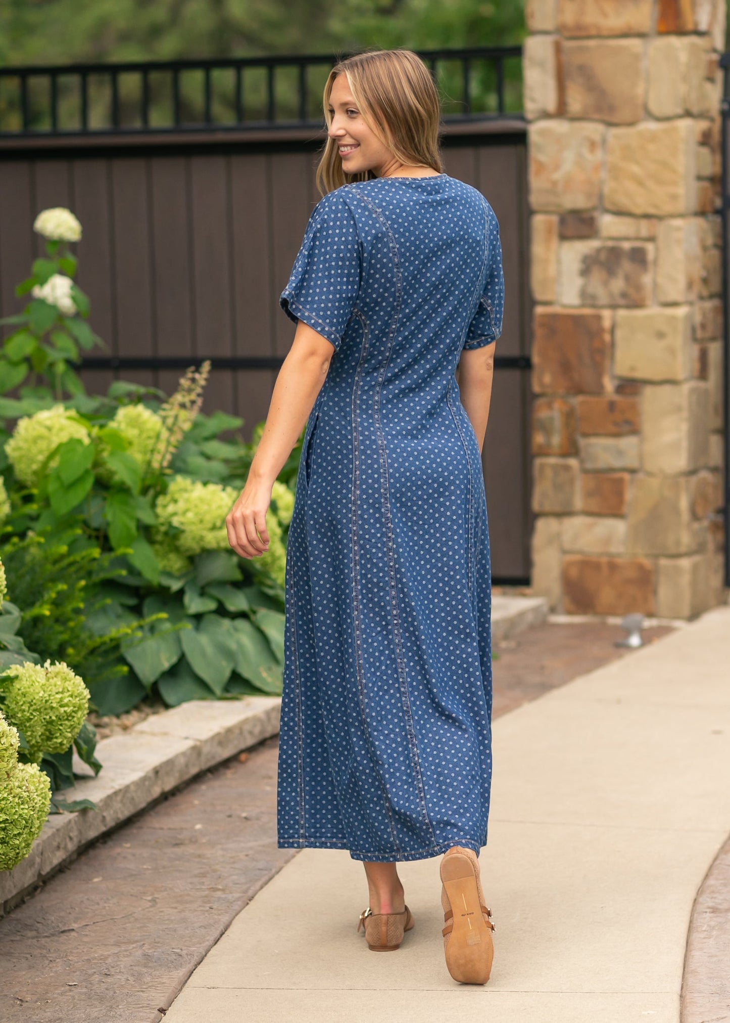 Dot Print Button Front Denim Dress - FINAL SALE