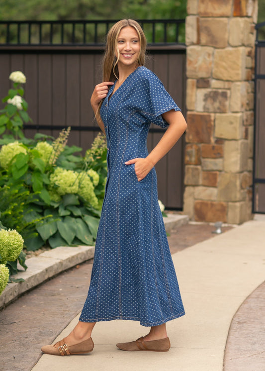 Dot Print Button Front Denim Dress - FINAL SALE