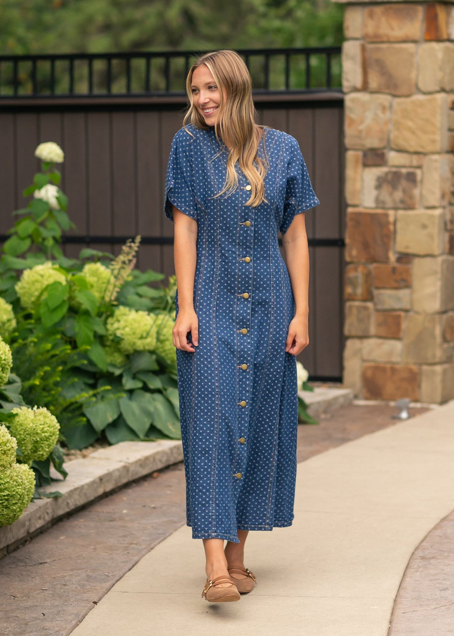 Dot Print Button Front Denim Dress - FINAL SALE